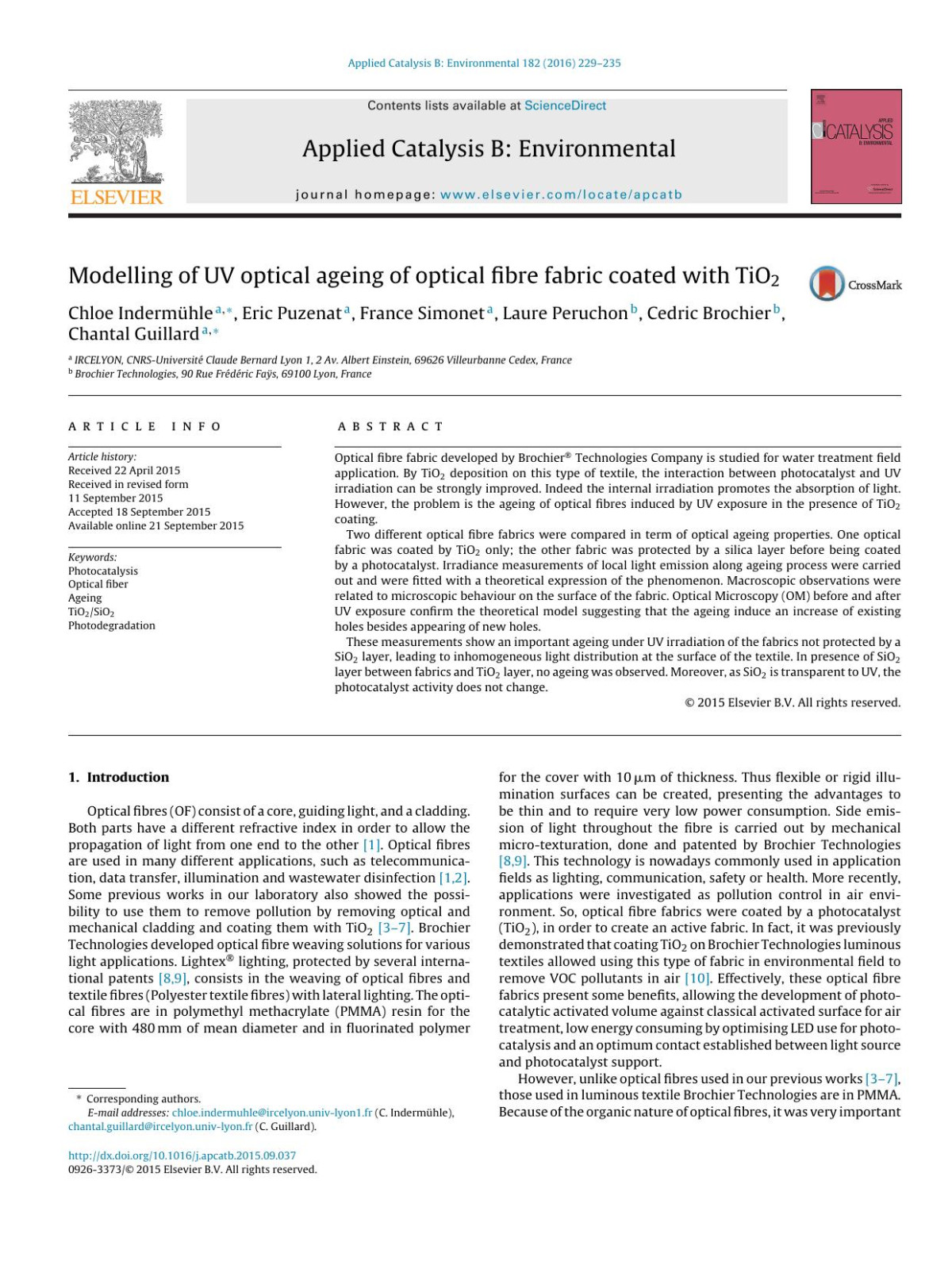 Modelling Of Uv Optical Ageing Of Optical Fibre Fabric Coated With Tio2 Chloe Indermhle Eric Puzenat France Simonet Laure Peruchon Cedric Brochier Chantal Guillard