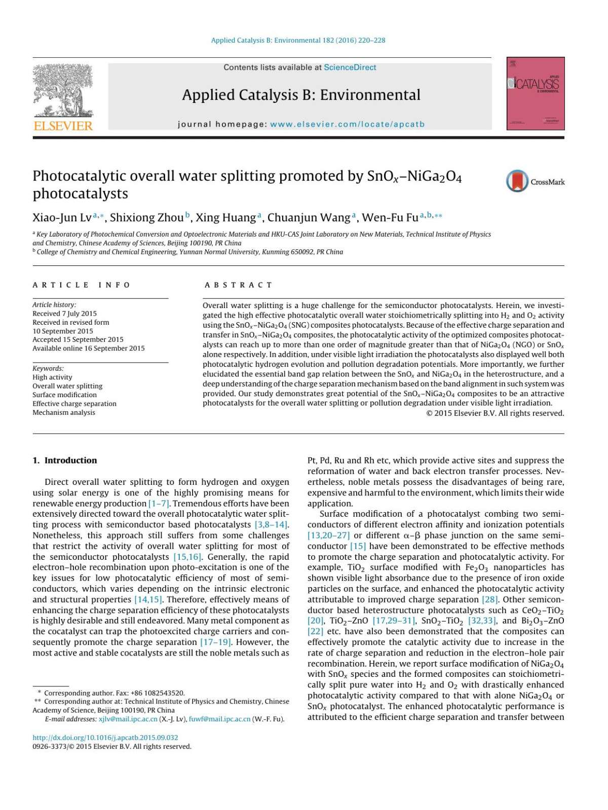 Photocatalytic Overall Water Splitting Promoted By Snoxniga2o4 Photocatalysts Xiaojun Lv Shixiong Zhou Xing Huang Chuanjun Wang Wenfu Fu