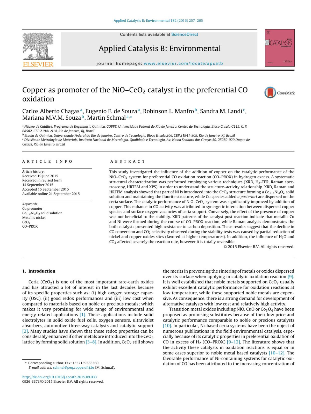 Copper As Promoter Of The Nioceo2 Catalyst In The Preferential Co Oxidation Carlos Alberto Chagas Eugenio F De Souza Robinson L Manfro Sandra M Landi Mariana Mvm Souza Martin Schmal