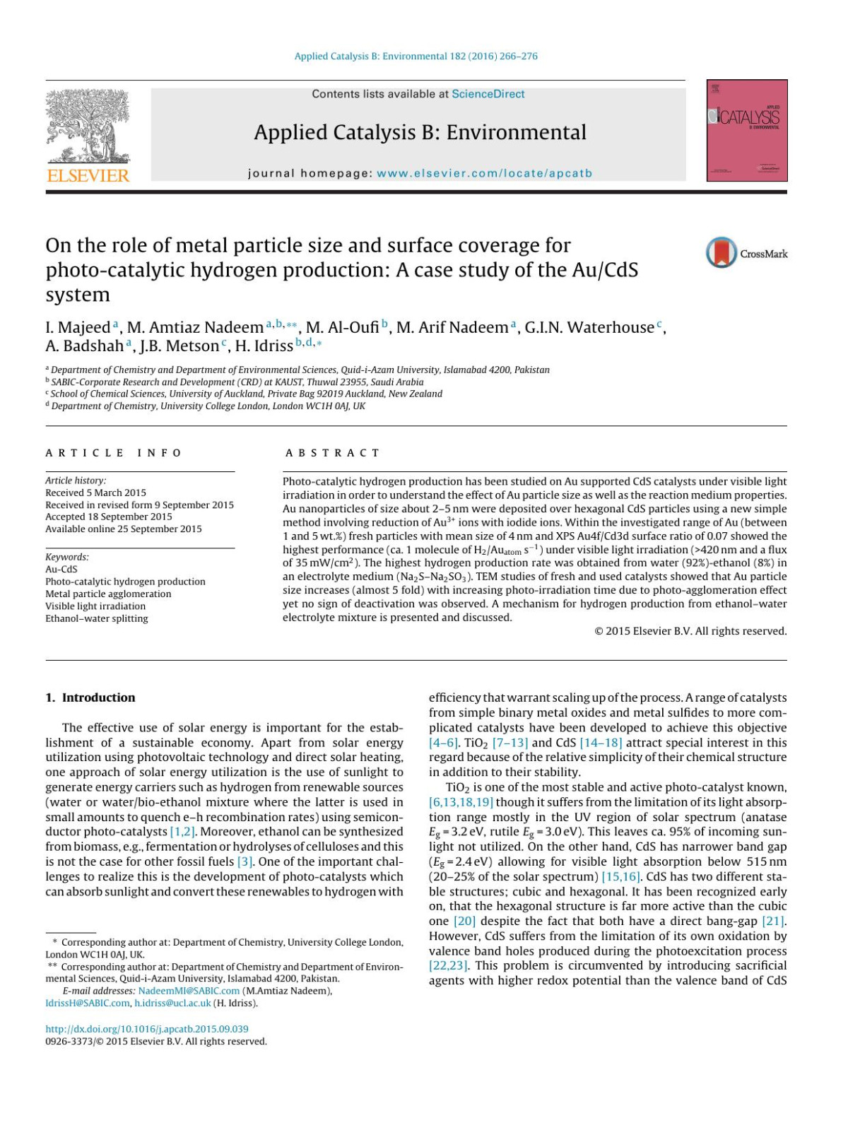 On The Role Of Metal Particle Size And Surface Coverage For Photocatalytic Hydrogen Production A Case Study Of The Aucds System I Majeed M Amtiaz Nadeem M Aloufi M Arif Nadeem Gin Waterhouse A Badshah Jb Metson H Idriss