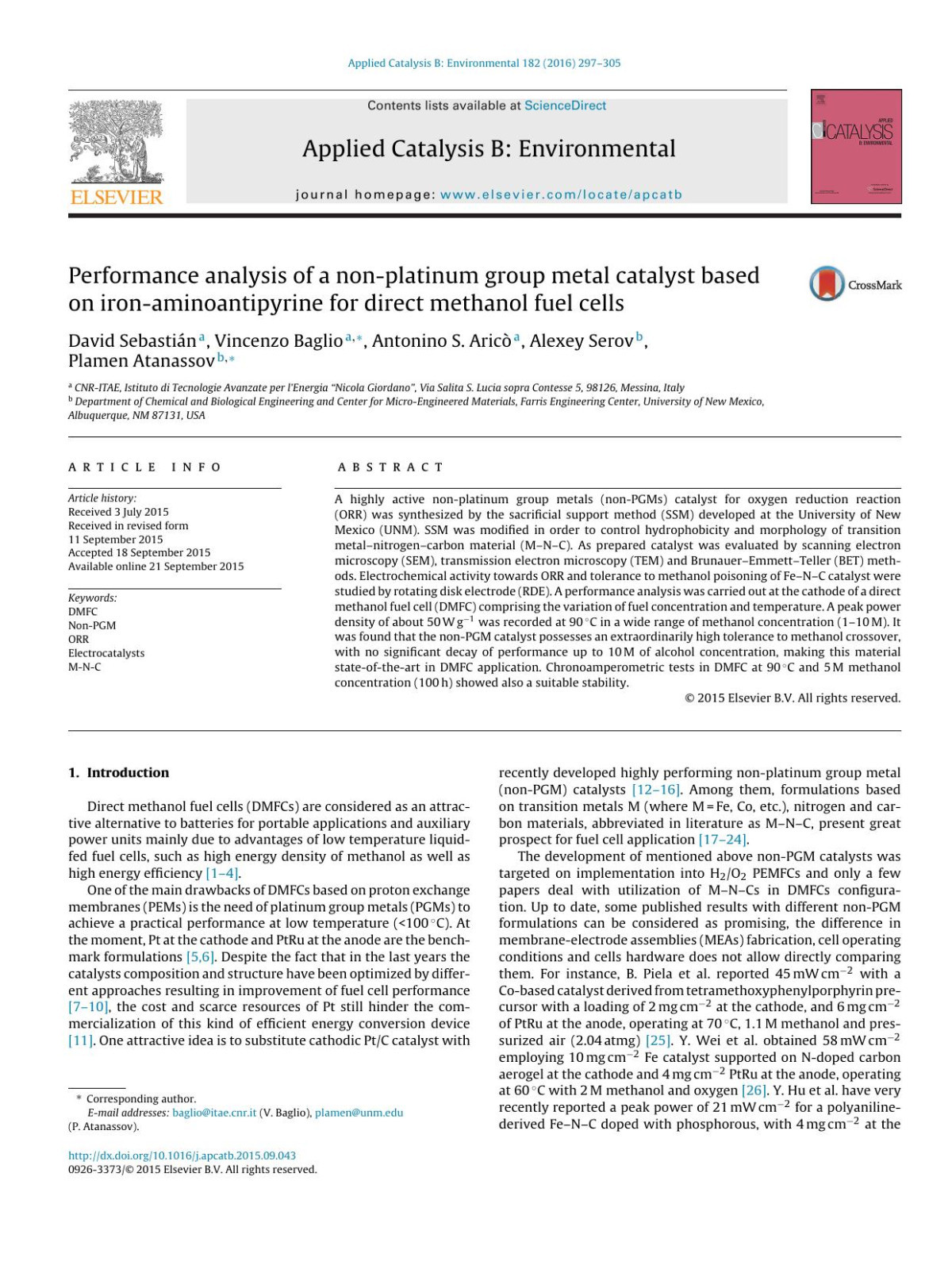 Performance Analysis Of A Nonplatinum Group Metal Catalyst Based On Ironaminoantipyrine For Direct Methanol Fuel Cells David Sebastin Vincenzo Baglio Antonino S Aric Alexey Serov Plamen Atanassov