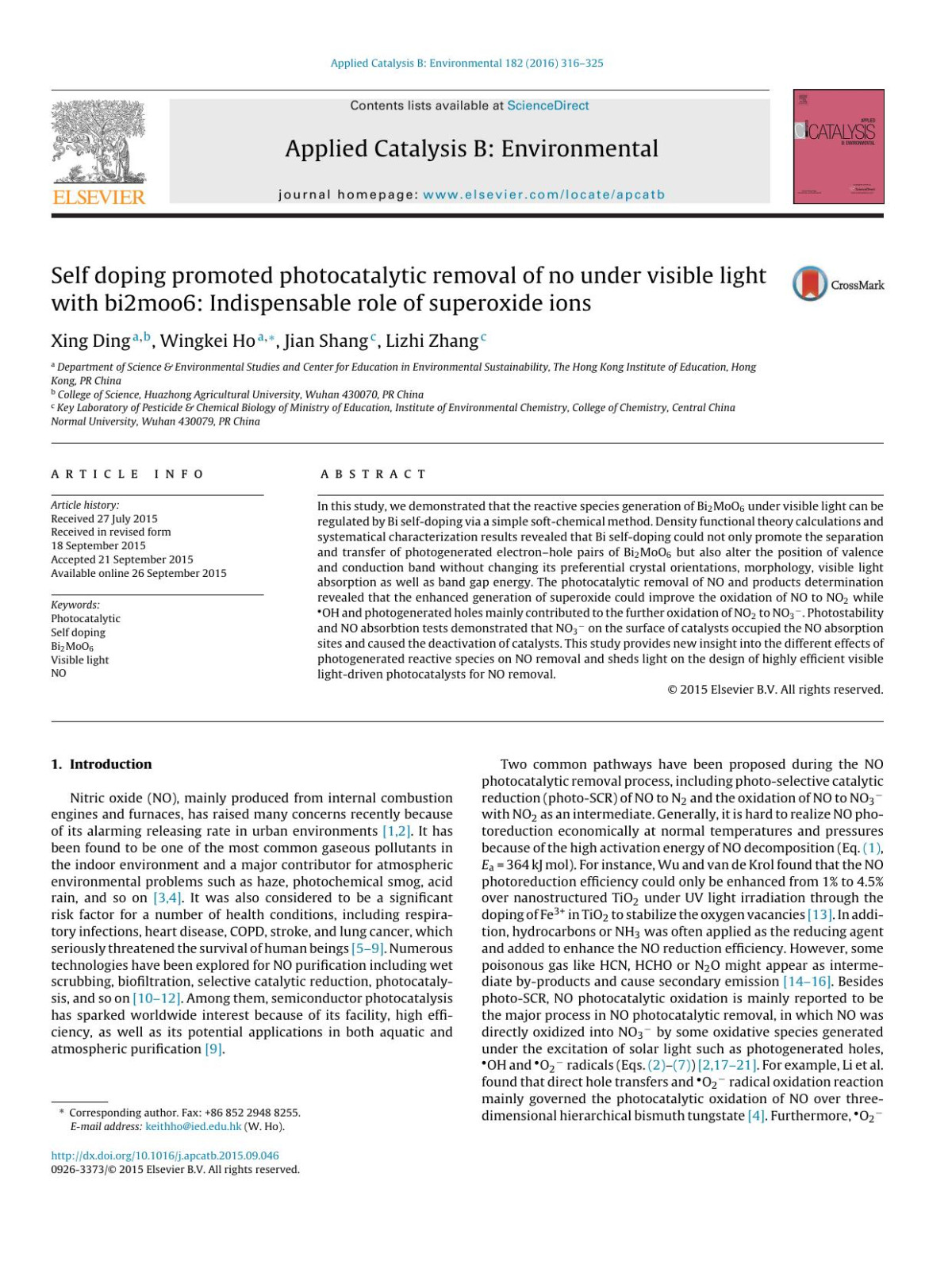 Self Doping Promoted Photocatalytic Removal Of No Under Visible Light With Bi2moo6 Indispensable Role Of Superoxide Ions Xing Ding Wingkei Ho Jian Shang Lizhi Zhang
