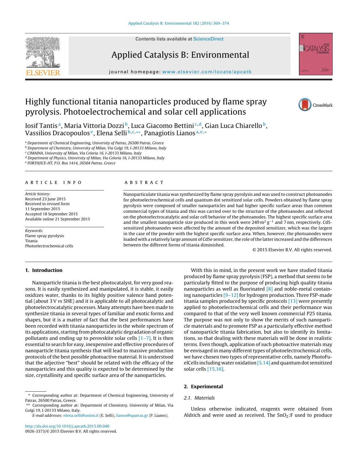 Highly Functional Titania Nanoparticles Produced By Flame Spray Pyrolysis Photoelectrochemical And Solar Cell Applications Iosif Tantis Maria Vittoria Dozzi Luca Giacomo Bettini Gian Luca Chiarello Vassilios Dracopoulos Elena Selli Panagiotis Lianos