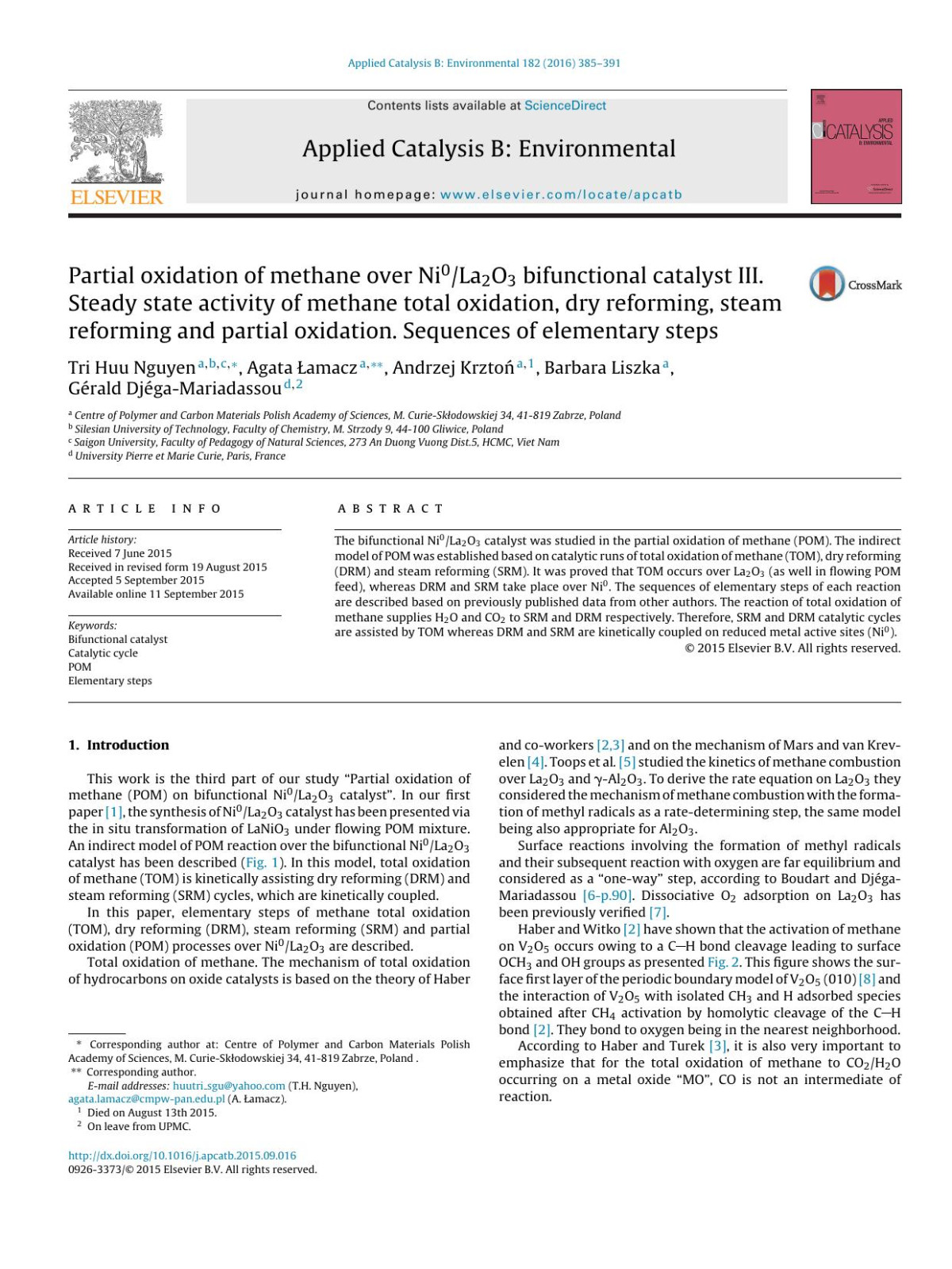 Partial Oxidation Of Methane Over Ni0la2o3 Bifunctional Catalyst Iii Steady State Activity Of Methane Total Oxidation Dry Reforming Steam Reforming And Partial Oxidation Sequences Of Elementary Steps Tri Huu Nguyen Agata Amacz Andrzej Krzto Barbara Liszka Grald Djgamariadassou