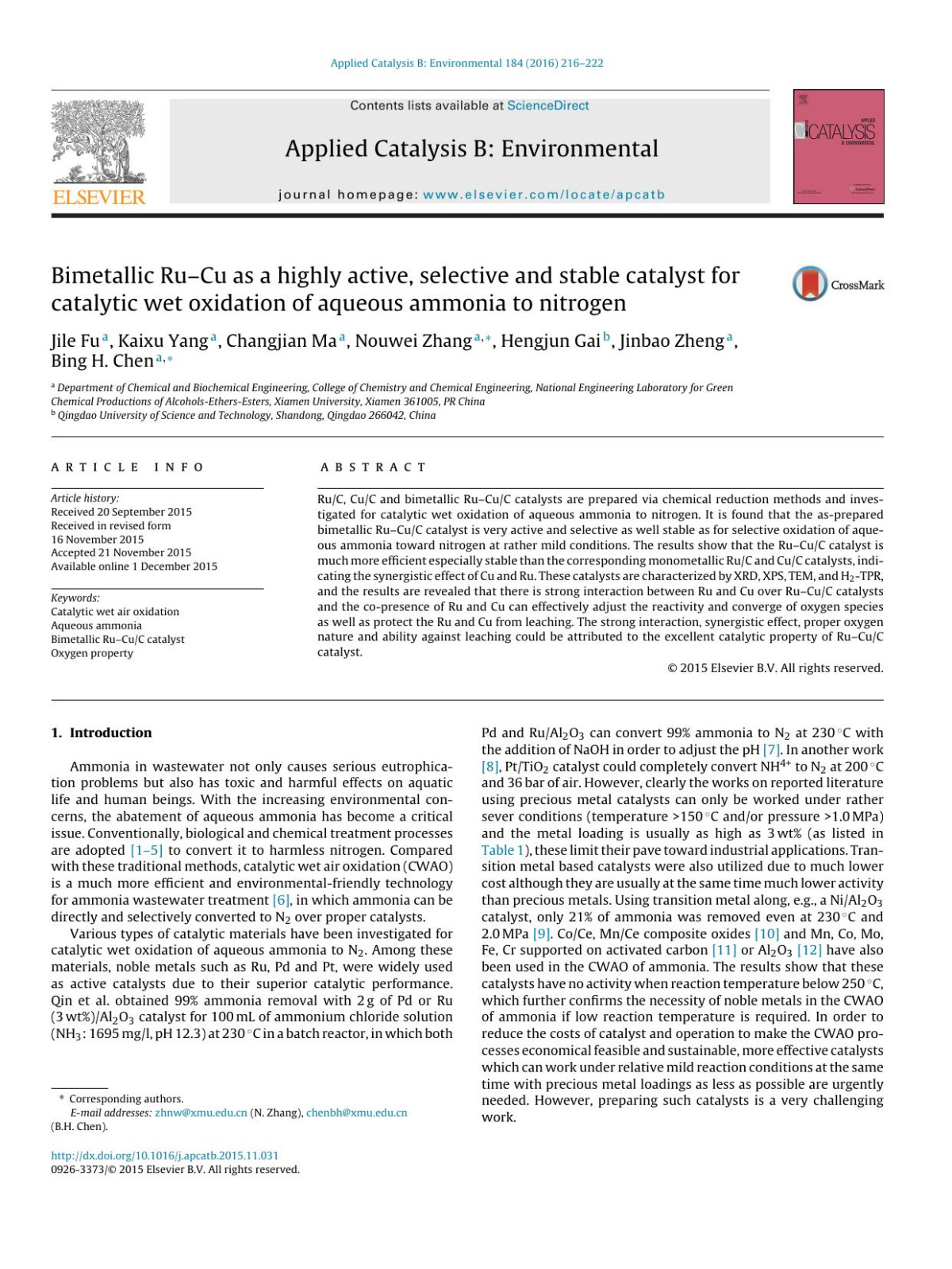 Bimetallic Rucu As A Highly Active Selective And Stable Catalyst For Catalytic Wet Oxidation Of Aqueous Ammonia To Nitrogen Jile Fu Kaixu Yang Changjian Ma Nouwei Zhang Hengjun Gai Jinbao Zheng Bing H Chen