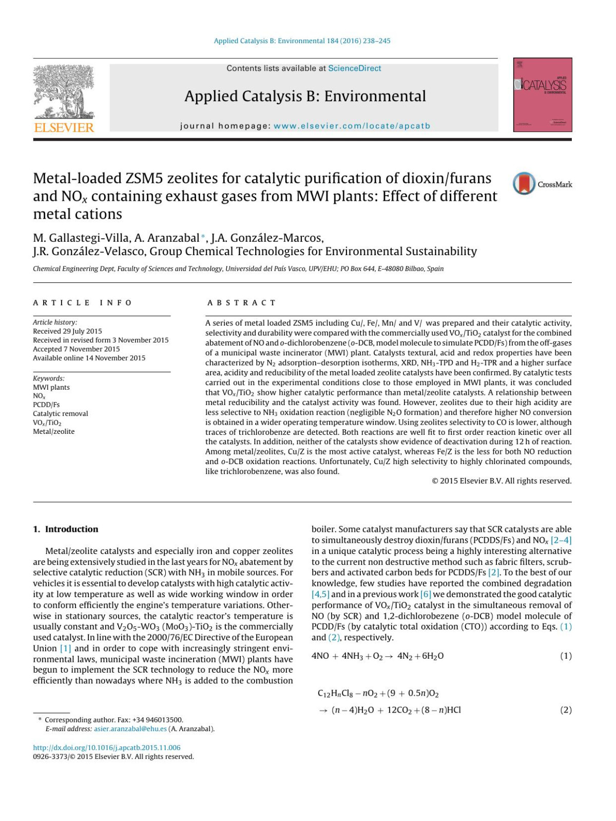 Metalloaded Zsm5 Zeolites For Catalytic Purification Of Dioxinfurans And Nox Containing Exhaust Gases From Mwi Plants Effect Of Different Metal Cations M Gallastegivilla A Aranzabal Ja Gonzlezmarcos Jr Gonzlezvelasco Chemical Technologies For Environmental Sustainability