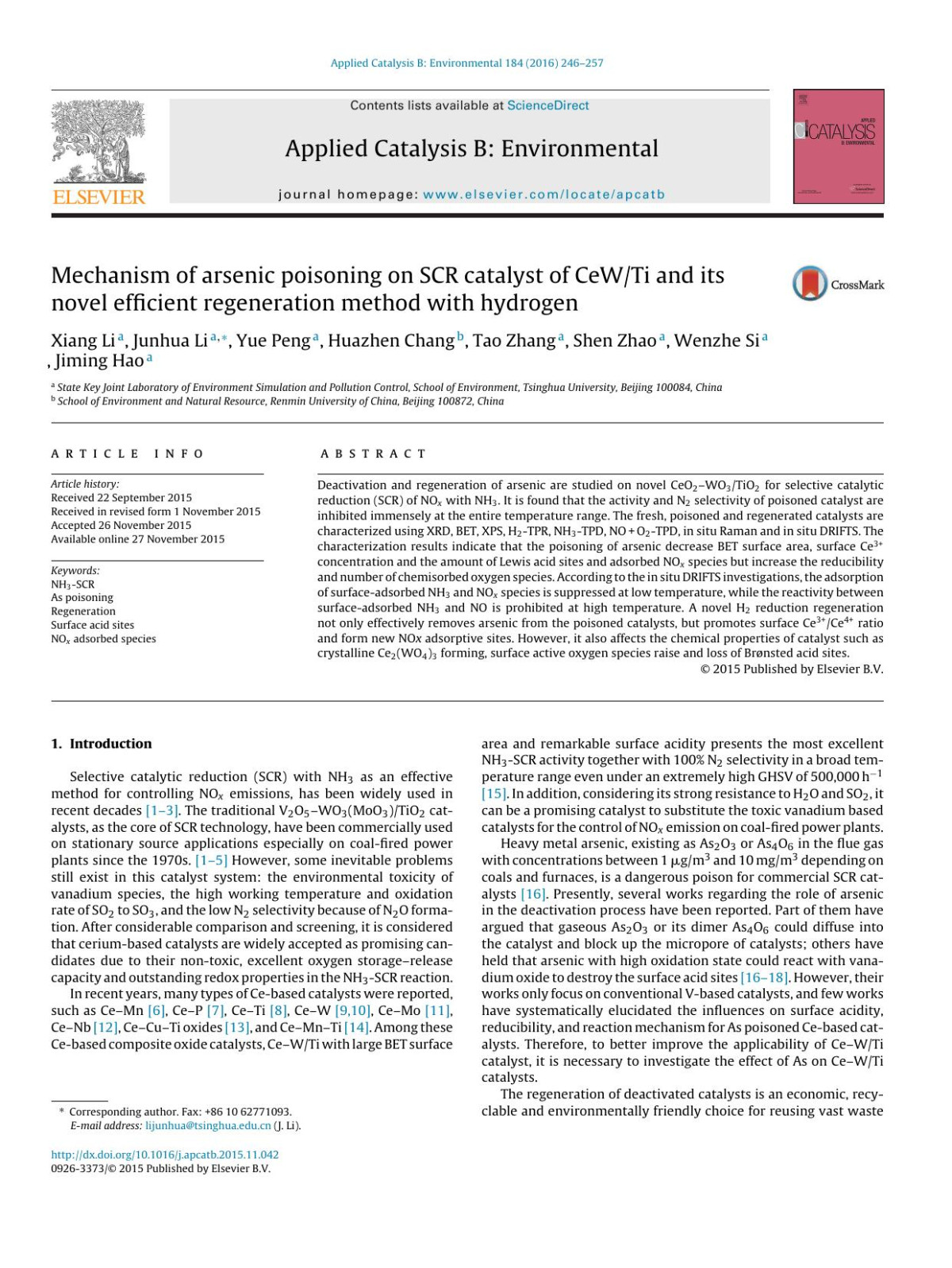 Mechanism Of Arsenic Poisoning On Scr Catalyst Of Cewti And Its Novel Efficient Regeneration Method With Hydrogen Xiang Li Junhua Li Yue Peng Huazhen Chang Tao Zhang Shen Zhao Wenzhe Si Jiming Hao