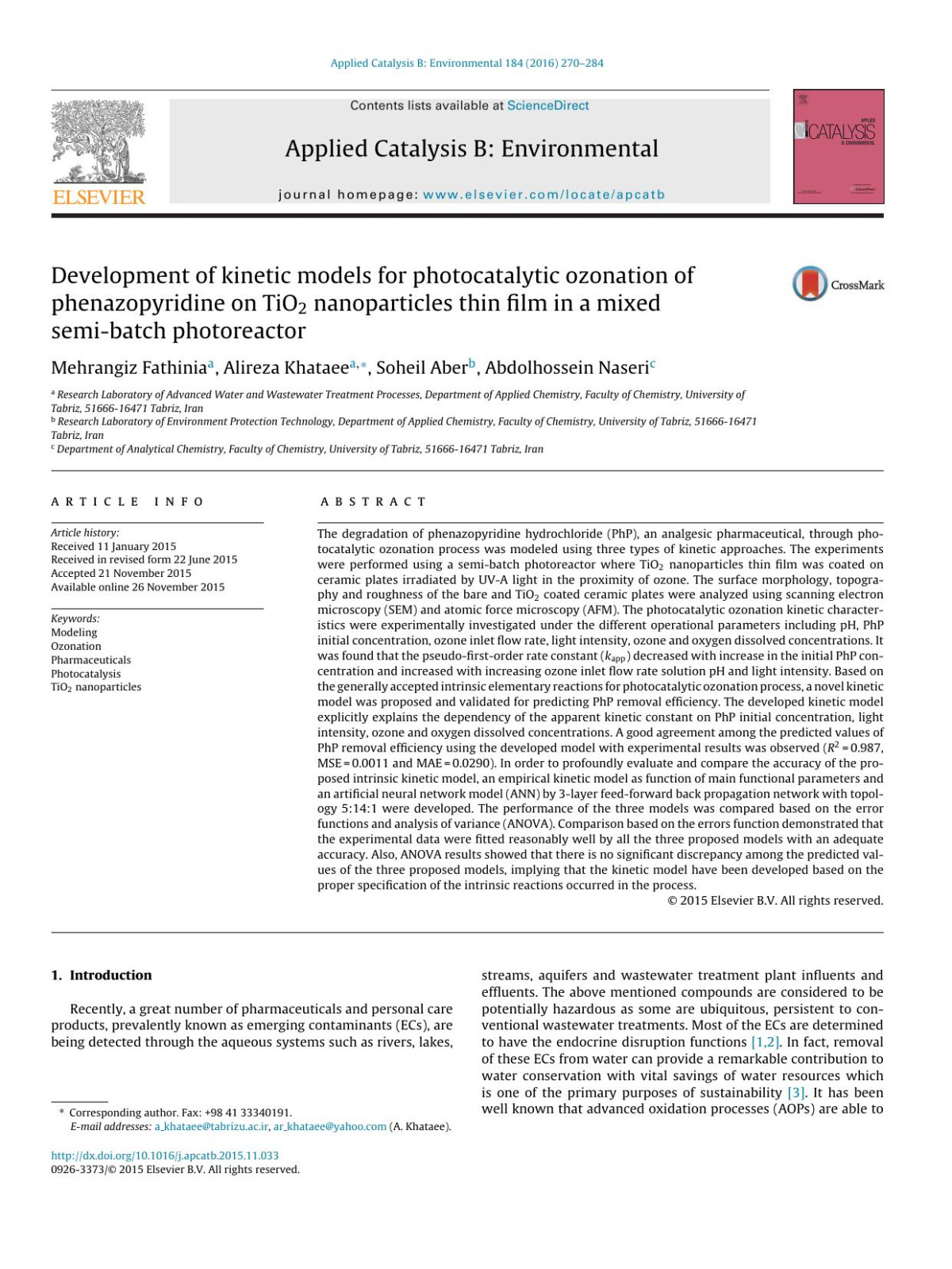 Development Of Kinetic Models For Photocatalytic Ozonation Of Phenazopyridine On Tio2 Nanoparticles Thin Film In A Mixed Semibatch Photoreactor Mehrangiz Fathinia Alireza Khataee Soheil Aber Abdolhossein Naseri