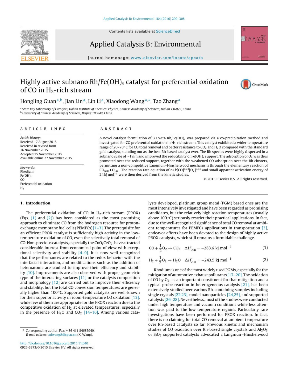 Highly Active Subnano Rhfeohx Catalyst For Preferential Oxidation Of Co In H2rich Stream Hongling Guan Jian Lin Lin Li Xiaodong Wang Tao Zhang