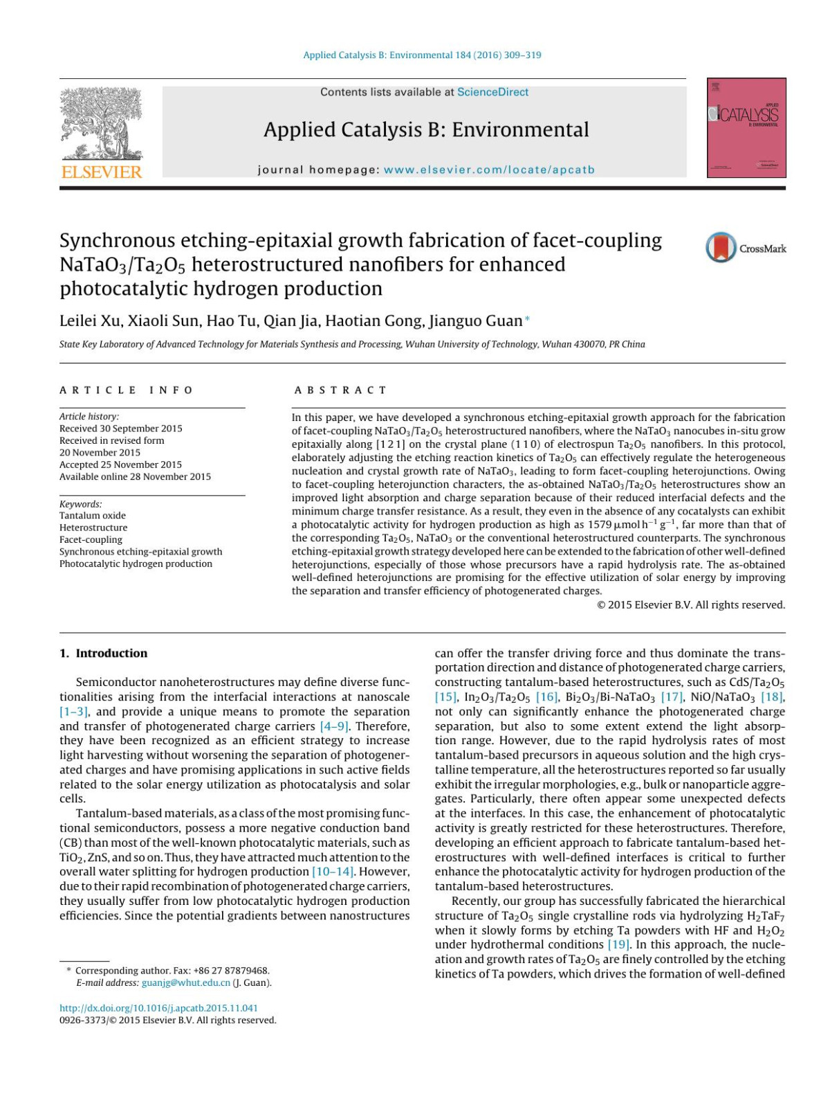 Synchronous Etchingepitaxial Growth Fabrication Of Facetcoupling Natao3ta2o5 Heterostructured Nanofibers For Enhanced Photocatalytic Hydrogen Production Leilei Xu Xiaoli Sun Hao Tu Qian Jia Haotian Gong Jianguo Guan