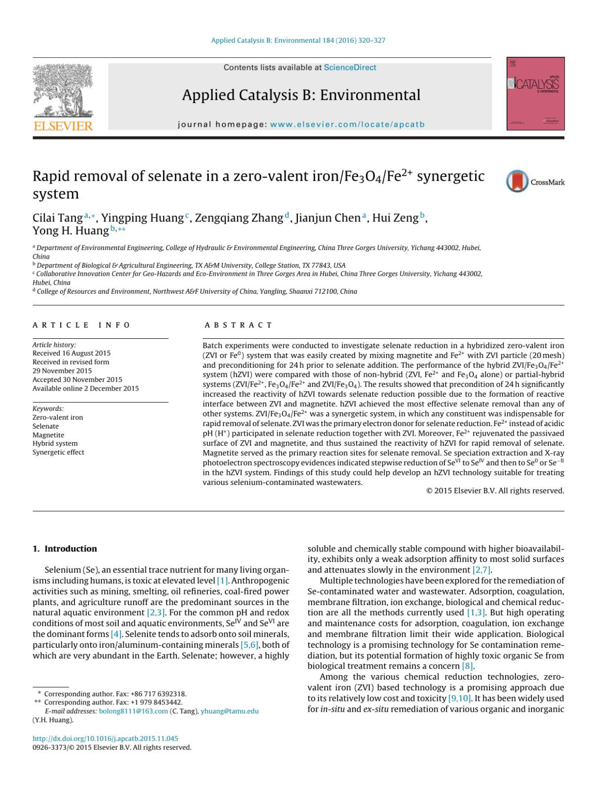 Rapid Removal Of Selenate In A Zerovalent Ironfe3o4fe2 Synergetic System Cilai Tang Yingping Huang Zengqiang Zhang Jianjun Chen Hui Zeng Yong H Huang