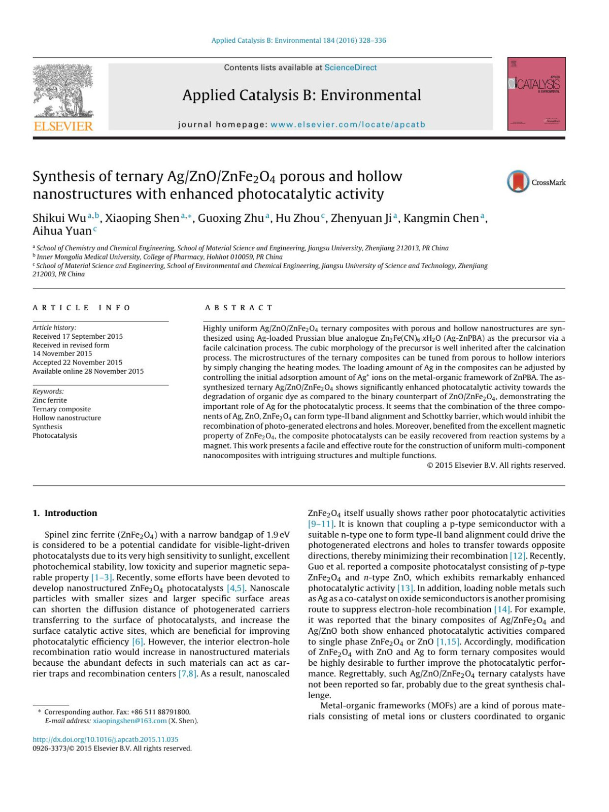 Synthesis Of Ternary Agznoznfe2o4 Porous And Hollow Nanostructures With Enhanced Photocatalytic Activity Shikui Wu Xiaoping Shen Guoxing Zhu Hu Zhou Zhenyuan Ji Kangmin Chen Aihua Yuan
