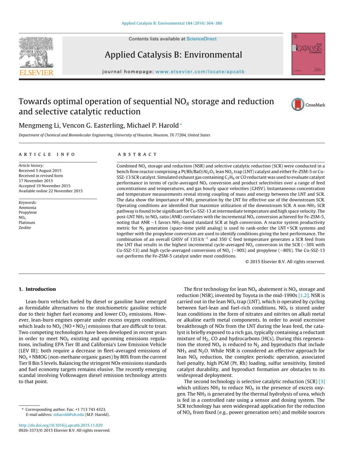 Towards Optimal Operation Of Sequential Nox Storage And Reduction And Selective Catalytic Reduction Mengmeng Li Vencon G Easterling Michael P Harold