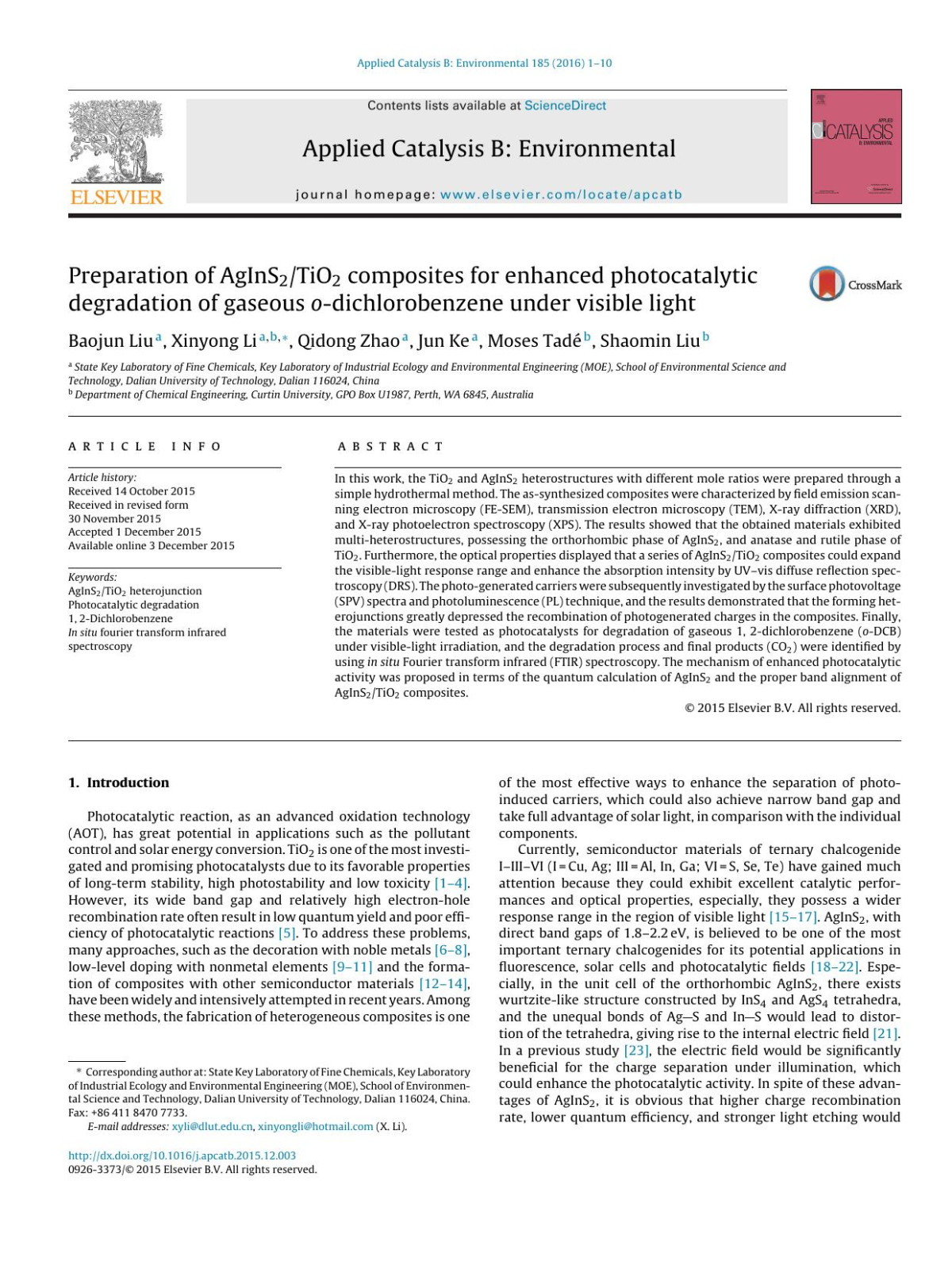 Preparation Of Agins2tio2 Composites For Enhanced Photocatalytic Degradation Of Gaseous Odichlorobenzene Under Visible Light Baojun Liu Xinyong Li Qidong Zhao Jun Ke Moses Tad Shaomin Liu