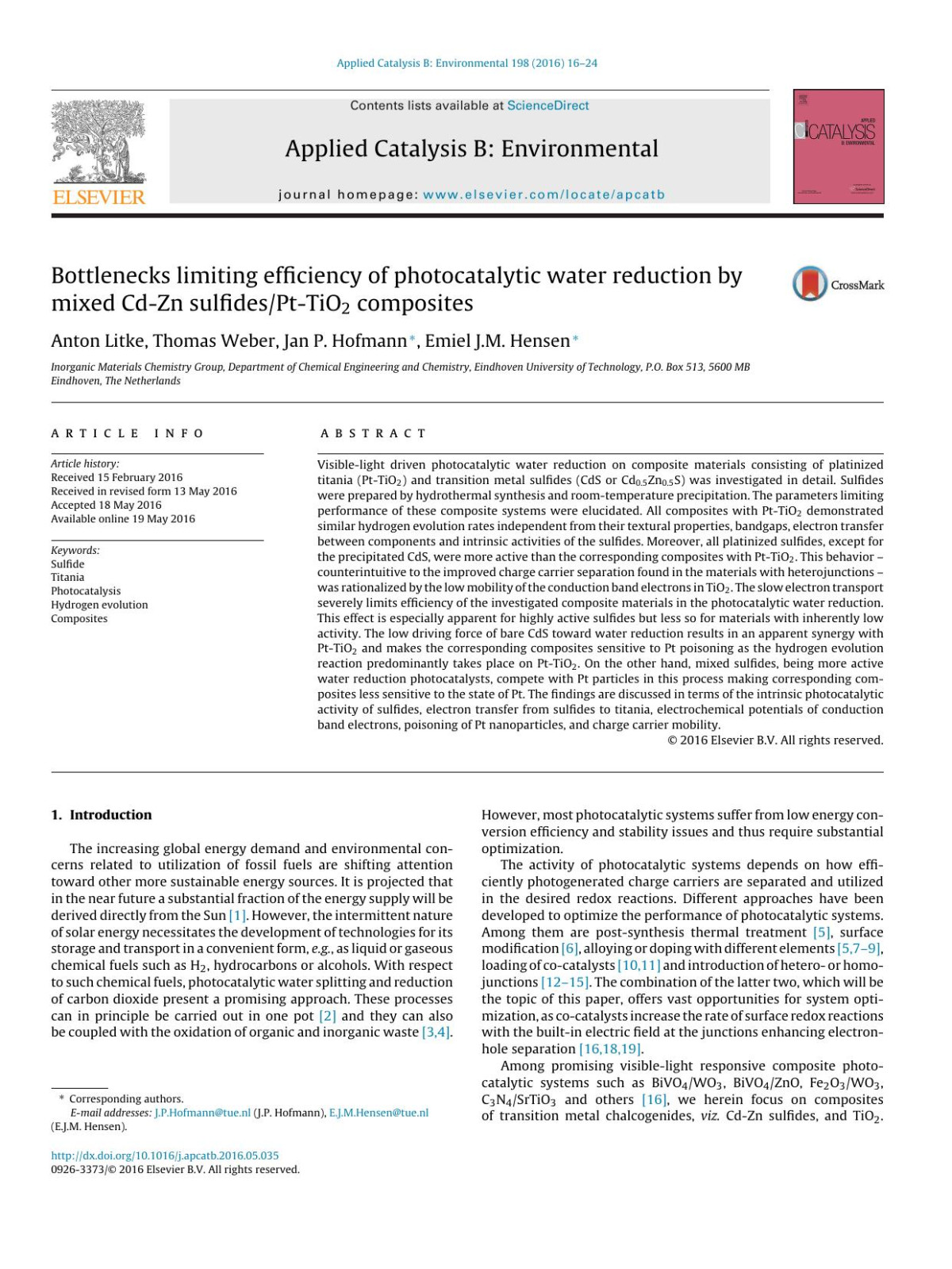 Bottlenecks Limiting Efficiency Of Photocatalytic Water Reduction By Mixed Cdzn Sulfidespttio2 Composites Anton Litke Thomas Weber Jan P Hofmann Emiel Jm Hensen