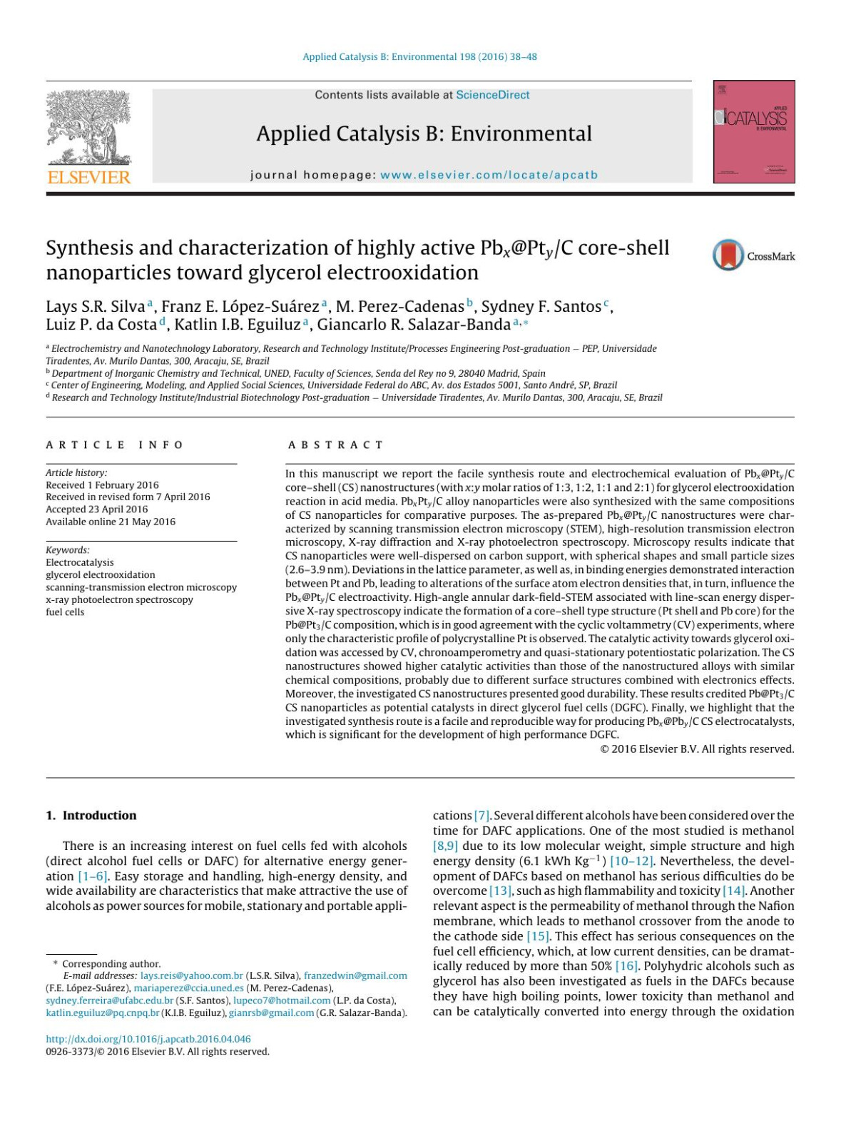 Synthesis And Characterization Of Highly Active Pbxptyc Coreshell Nanoparticles Toward Glycerol Electrooxidation Lays Sr Silva Franz E Lpezsurez M Perezcadenas Sydney F Santos Luiz P Da Costa Katlin Ib Eguiluz Giancarlo R Salazarbanda