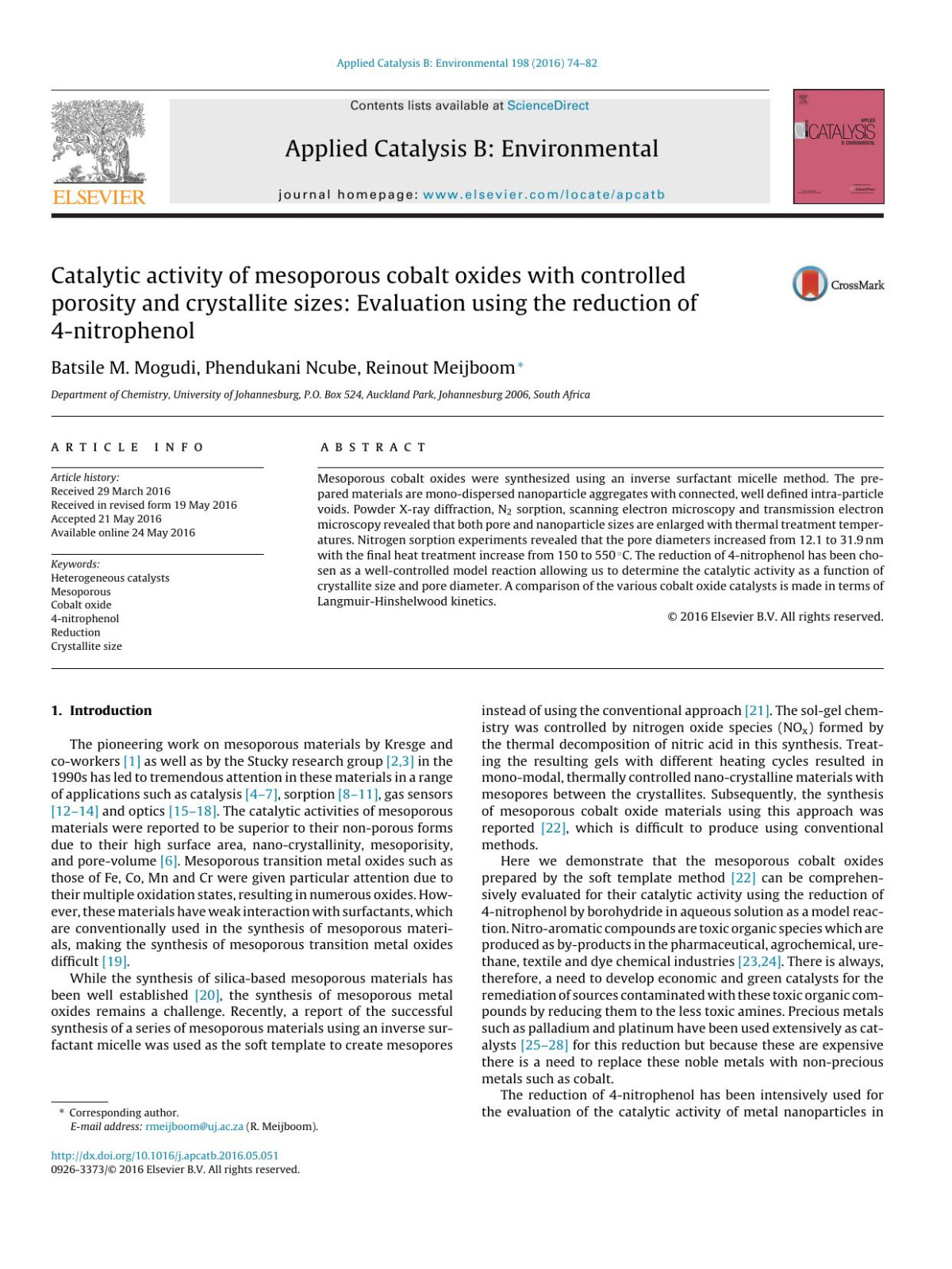 Catalytic Activity Of Mesoporous Cobalt Oxides With Controlled Porosity And Crystallite Sizes Evaluation Using The Reduction Of 4nitrophenol Batsile M Mogudi Phendukani Ncube Reinout Meijboom