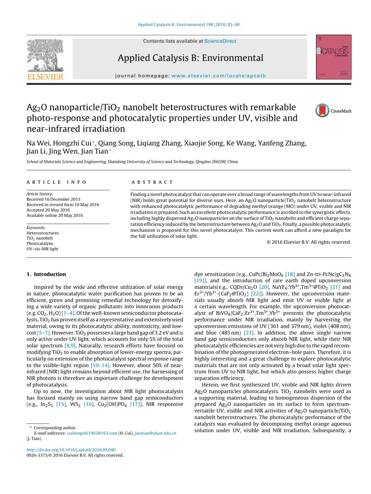 Ag2o Nanoparticletio2 Nanobelt Heterostructures With Remarkable Photoresponse And Photocatalytic Properties Under Uv Visible And Nearinfrared Irradiation Na Wei Hongzhi Cui Qiang Song Liqiang Zhang Xiaojie Song Ke Wang Yanfeng Zhang Jian Li Jing Wen Jian Tian