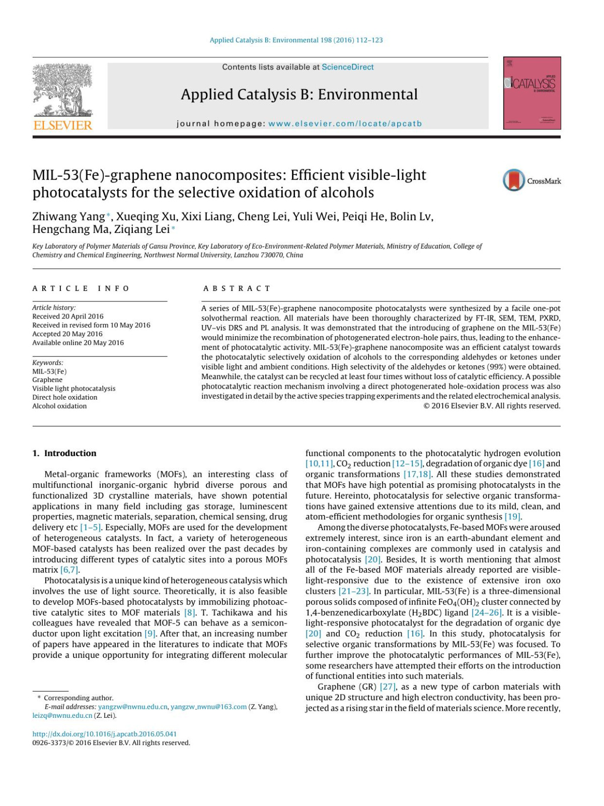 Mil53fegraphene Nanocomposites Efficient Visiblelight Photocatalysts For The Selective Oxidation Of Alcohols Zhiwang Yang Xueqing Xu Xixi Liang Cheng Lei Yuli Wei Peiqi He Bolin Lv Hengchang Ma Ziqiang Lei