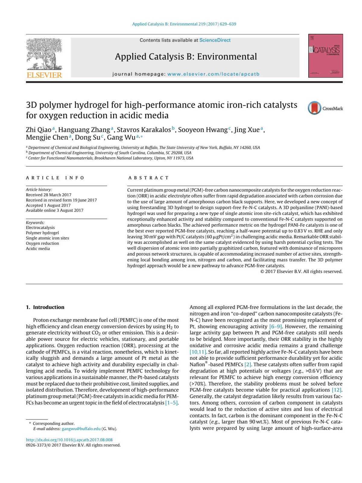 3d Polymer Hydrogel For Highperformance Atomic Ironrich Catalysts For Oxygen Reduction In Acidic Media Zhi Qiao Hanguang Zhang Stavros Karakalos Sooyeon Hwang Jing Xue Mengjie Chen Dong Su Gang Wu