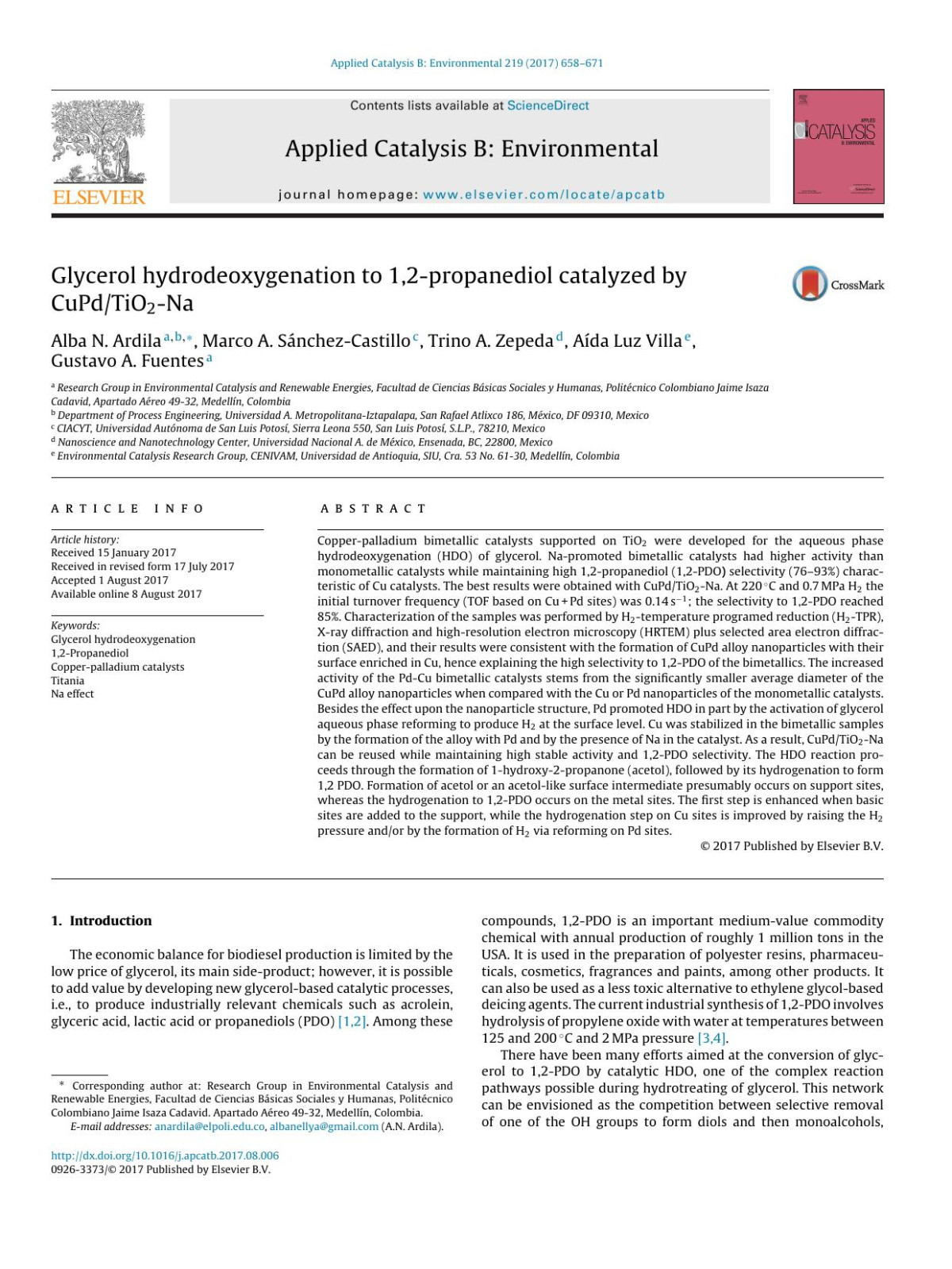 Glycerol Hydrodeoxygenation To 12propanediol Catalyzed By Cupdtio2na Alba N Ardila Marco A Snchezcastillo Trino A Zepeda Ada Luz Villa Gustavo A Fuentes