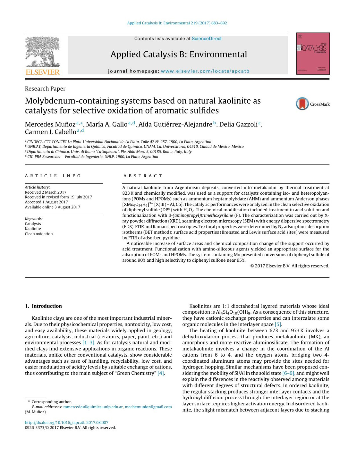 Molybdenumcontaining Systems Based On Natural Kaolinite As Catalysts For Selective Oxidation Of Aromatic Sulfides Mercedes Muoz Mara A Gallo Ada Gutirrezalejandre Delia Gazzoli Carmen I Cabello