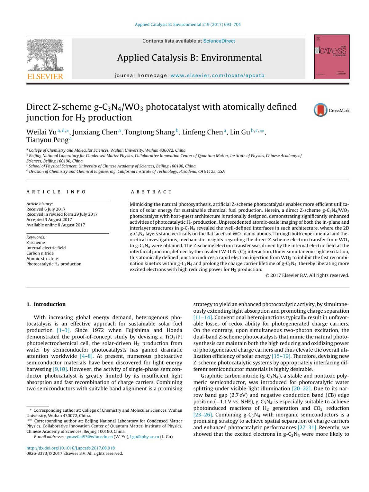 Direct Zscheme Gc3n4wo3 Photocatalyst With Atomically Defined Junction For H2 Production Weilai Yu Junxiang Chen Tongtong Shang Linfeng Chen Lin Gu Tianyou Peng