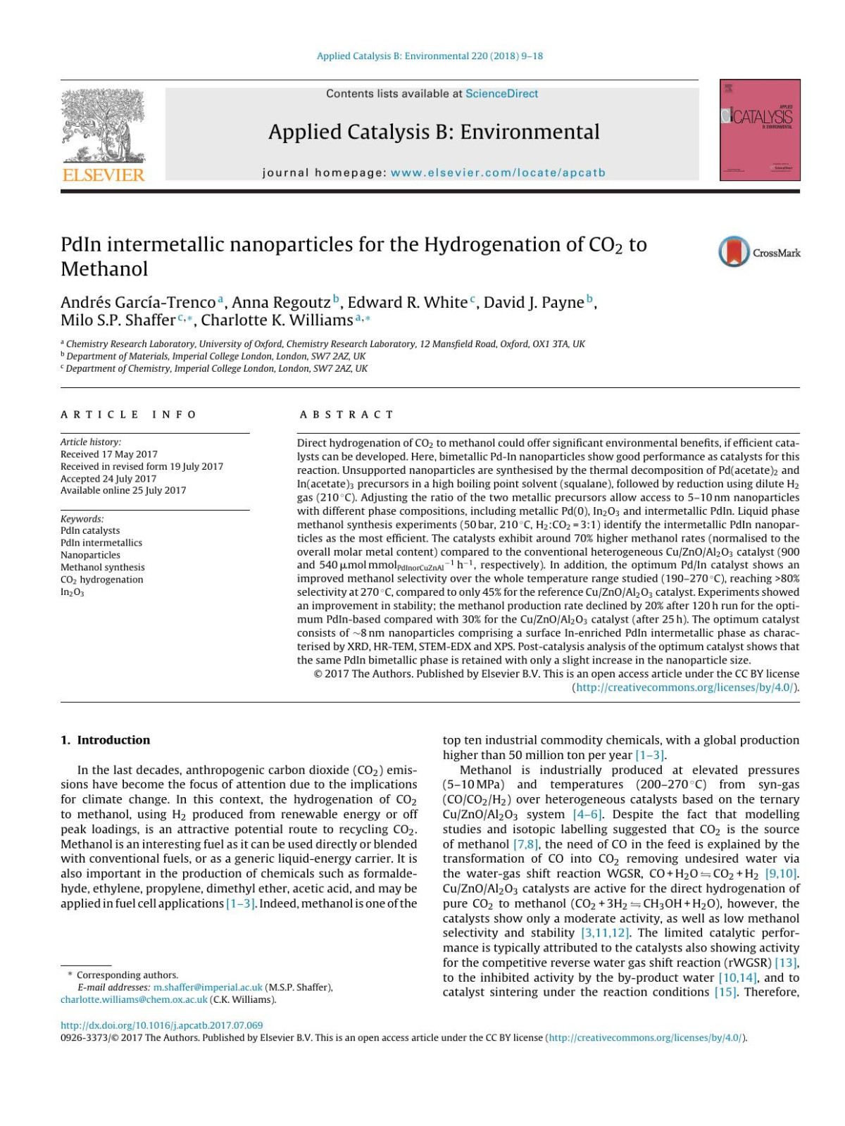 Pdin Intermetallic Nanoparticles For The Hydrogenation Of Co2 To Methanol Andrs Garcatrenco Anna Regoutz Edward R White David J Payne Milo Sp Shaffer Charlotte K Williams