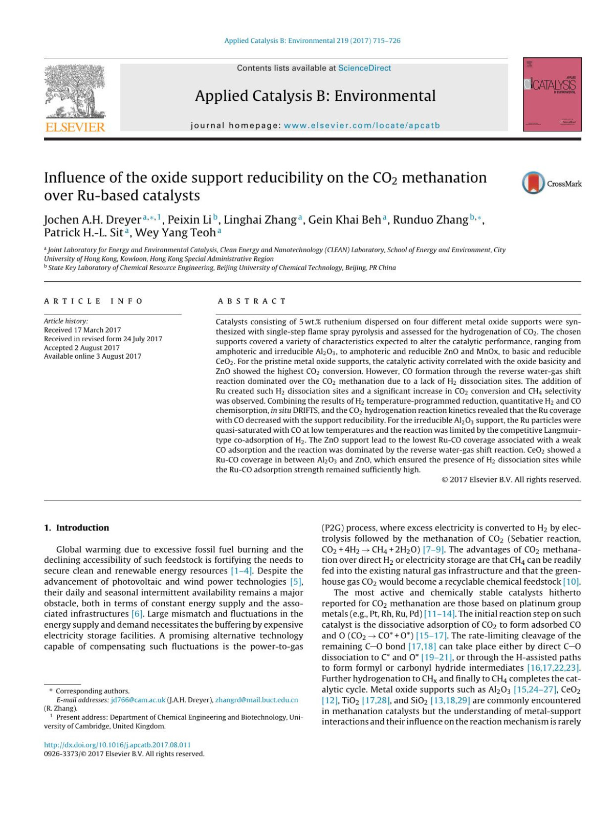 Influence Of The Oxide Support Reducibility On The Co2 Methanation Over Rubased Catalysts Jochen Ah Dreyer Peixin Li Linghai Zhang Gein Khai Beh Runduo Zhang Patrick Hl Sit Wey Yang Teoh