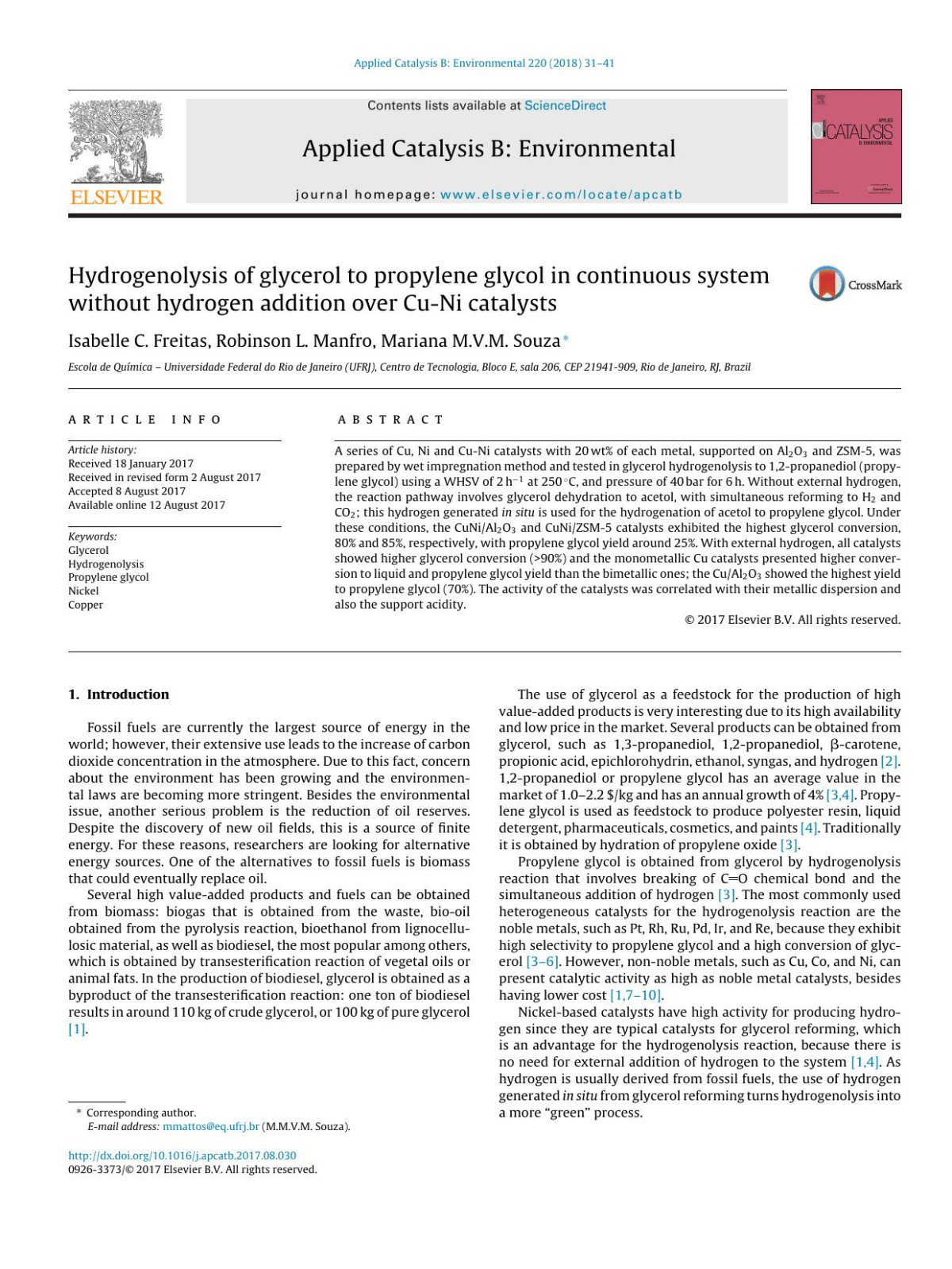 Hydrogenolysis Of Glycerol To Propylene Glycol In Continuous System Without Hydrogen Addition Over Cuni Catalysts Isabelle C Freitas Robinson L Manfro Mariana Mvm Souza