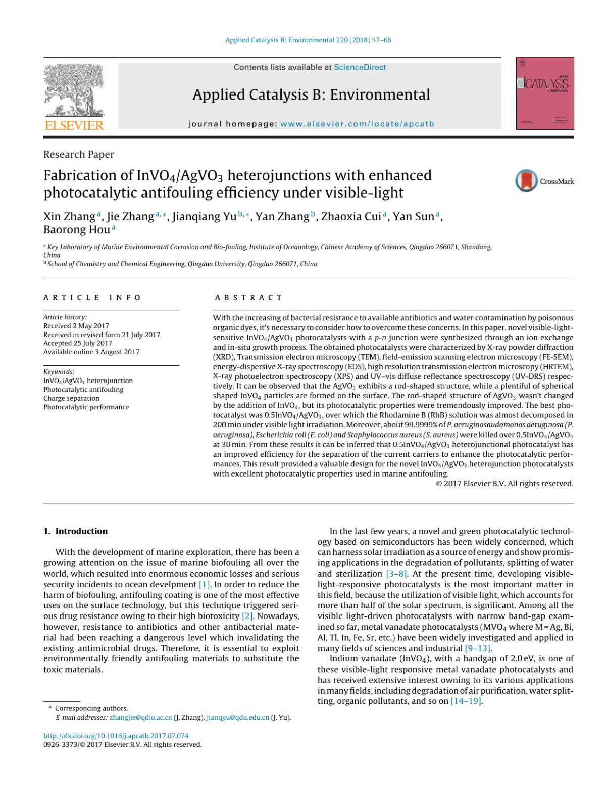 Fabrication Of Invo4agvo3 Heterojunctions With Enhanced Photocatalytic Antifouling Efficiency Under Visiblelight Xin Zhang Jie Zhang Jianqiang Yu Yan Zhang Zhaoxia Cui Yan Sun Baorong Hou