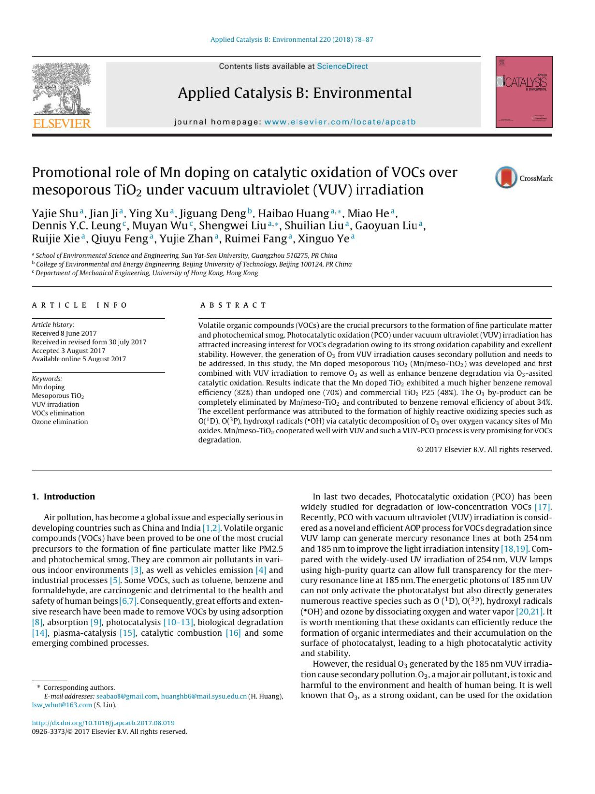 Promotional Role Of Mn Doping On Catalytic Oxidation Of Vocs Over Mesoporous Tio2 Under Vacuum Ultraviolet Vuv Irradiation Yajie Shu Jian Ji Ying Xu Jiguang Deng Haibao Huang Miao He Dennis Yc Leung Muyan Wu Shengwei Liu Shuilian Liu Gaoyuan Liu Ruijie Xie Qiuyu Feng Yujie Zhan Ruimei Fang Xinguo Ye