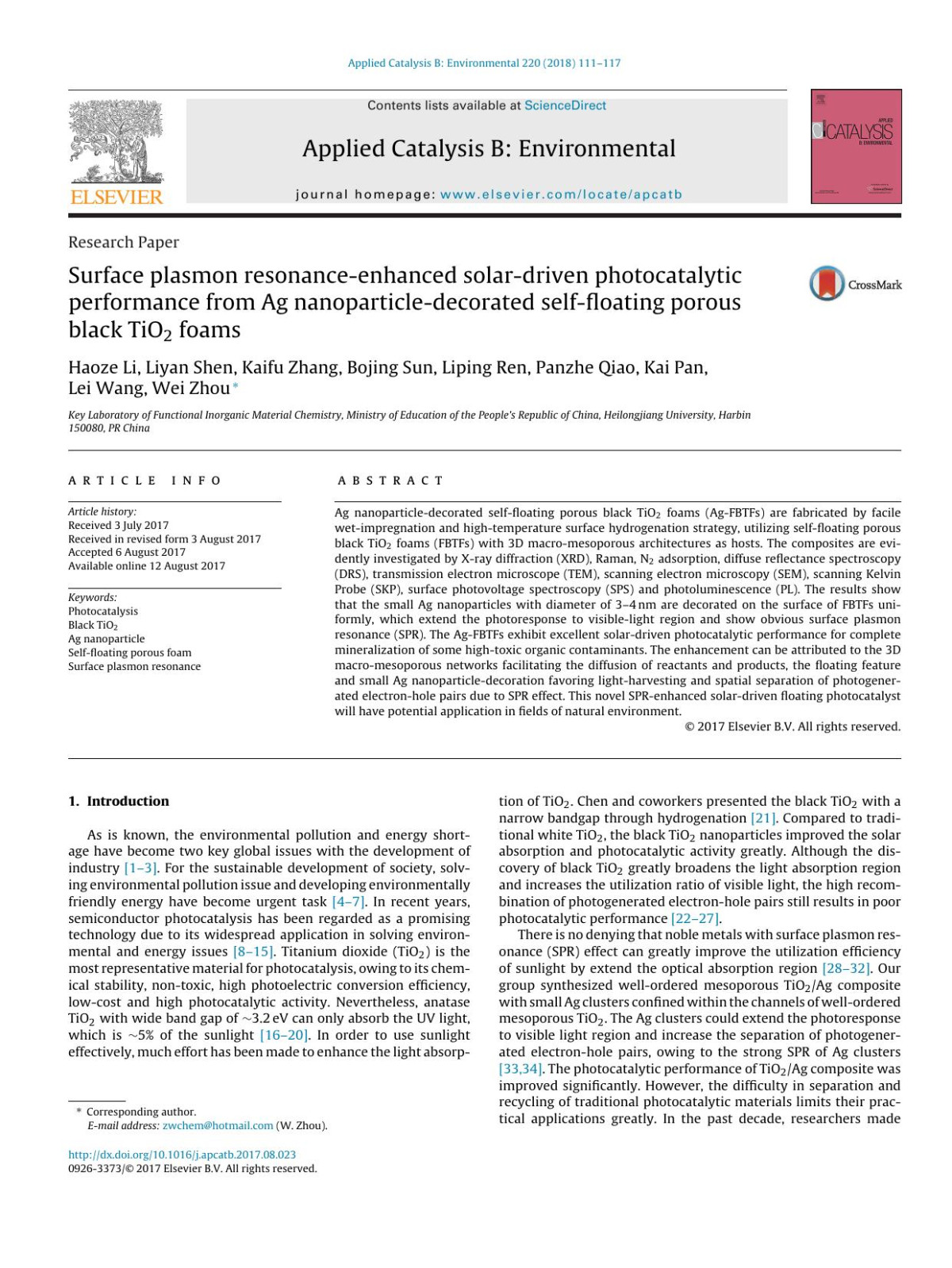 Surface Plasmon Resonanceenhanced Solardriven Photocatalytic Performance From Ag Nanoparticledecorated Selffloating Porous Black Tio2 Foams Haoze Li Liyan Shen Kaifu Zhang Bojing Sun Liping Ren Panzhe Qiao Kai Pan Lei Wang Wei Zhou