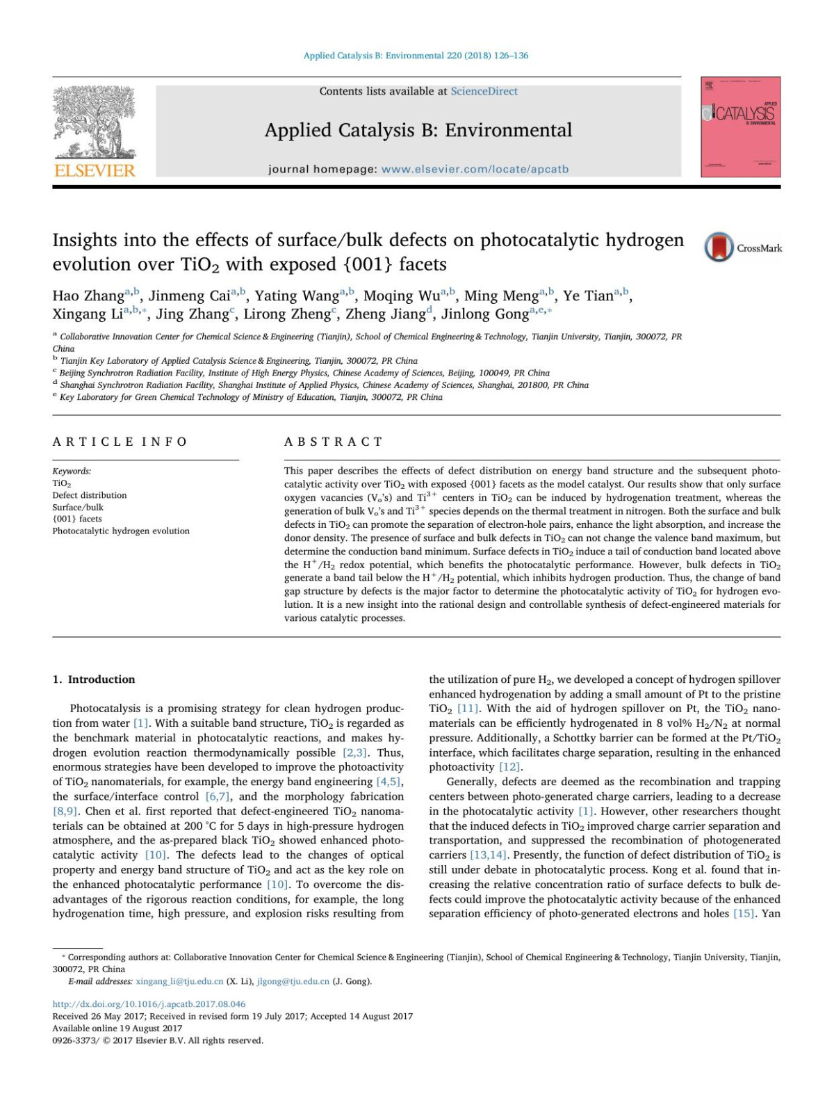 Insights Into The Effects Of Surfacebulk Defects On Photocatalytic Hydrogen Evolution Over Tio2 With Exposed 001 Facets Hao Zhang Jinmeng Cai Yating Wang Moqing Wu Ming Meng Ye Tian Xingang Li Jing Zhang Lirong Zheng Zheng Jiang Jinlong Gong