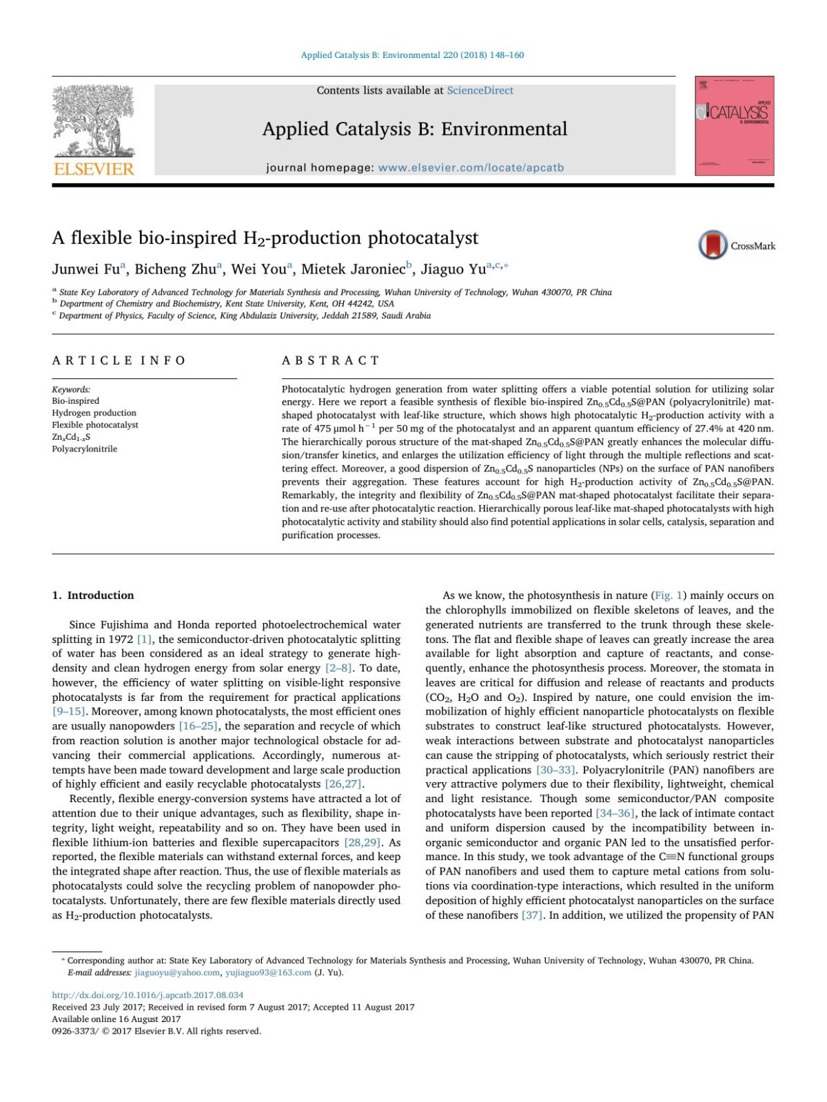 A Flexible Bioinspired H2production Photocatalyst Junwei Fu Bicheng Zhu Wei You Mietek Jaroniec Jiaguo Yu