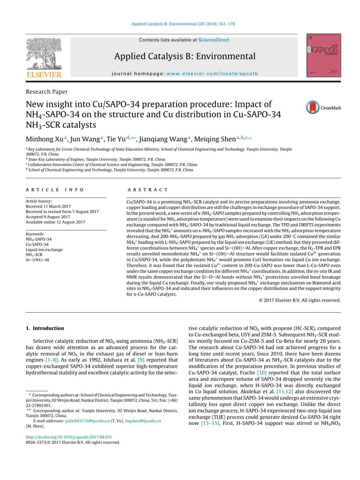 New Insight Into Cusapo34 Preparation Procedure Impact Of Nh4sapo34 On The Structure And Cu Distribution In Cusapo34 Nh3scr Catalysts Minhong Xu Jun Wang Tie Yu Jianqiang Wang Meiqing Shen