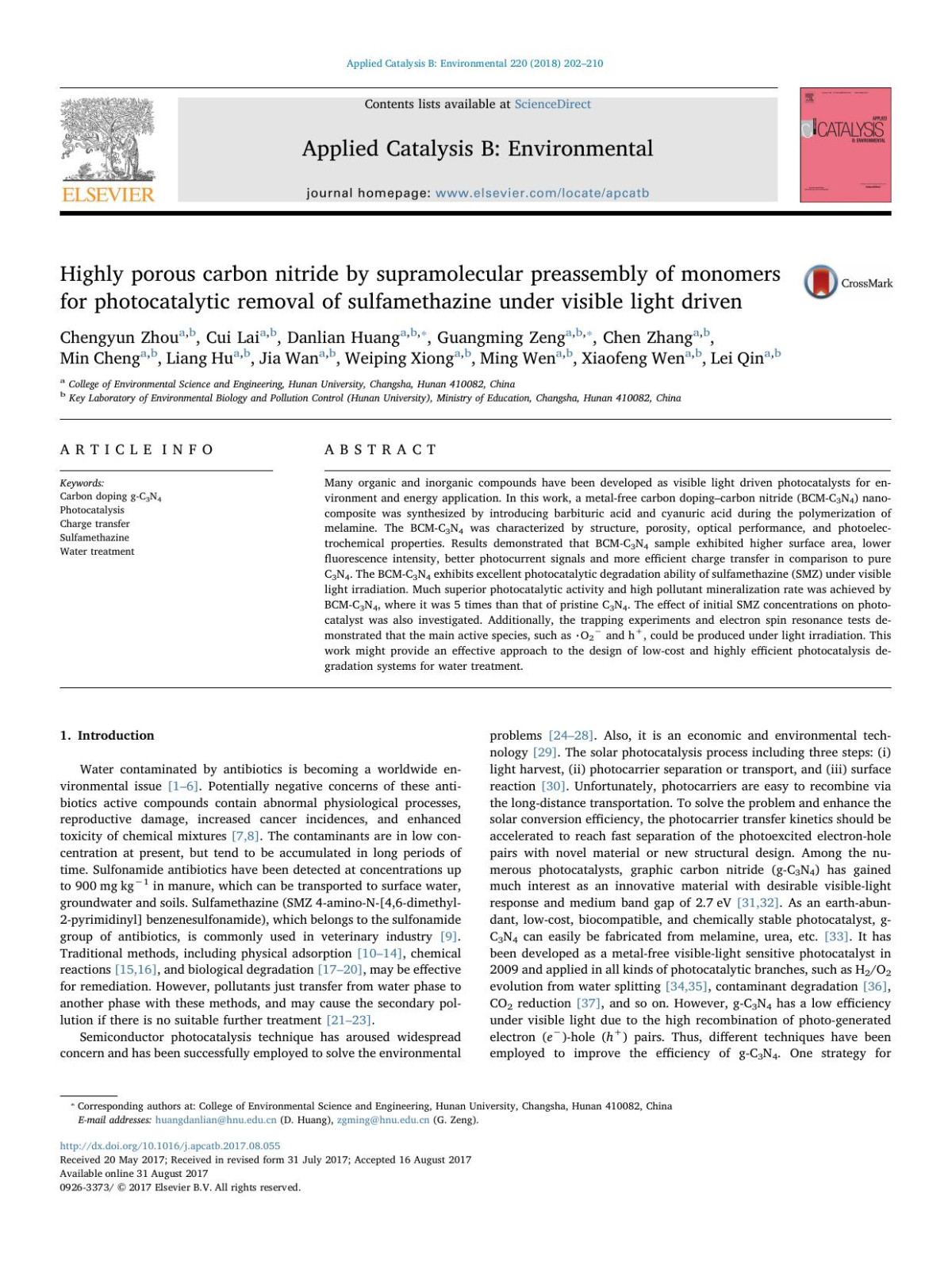 Highly Porous Carbon Nitride By Supramolecular Preassembly Of Monomers For Photocatalytic Removal Of Sulfamethazine Under Visible Light Driven Chengyun Zhou Cui Lai Danlian Huang Guangming Zeng Chen Zhang Min Cheng Liang Hu Jia Wan Weiping Xiong Ming Wen Xiaofeng Wen Lei Qin