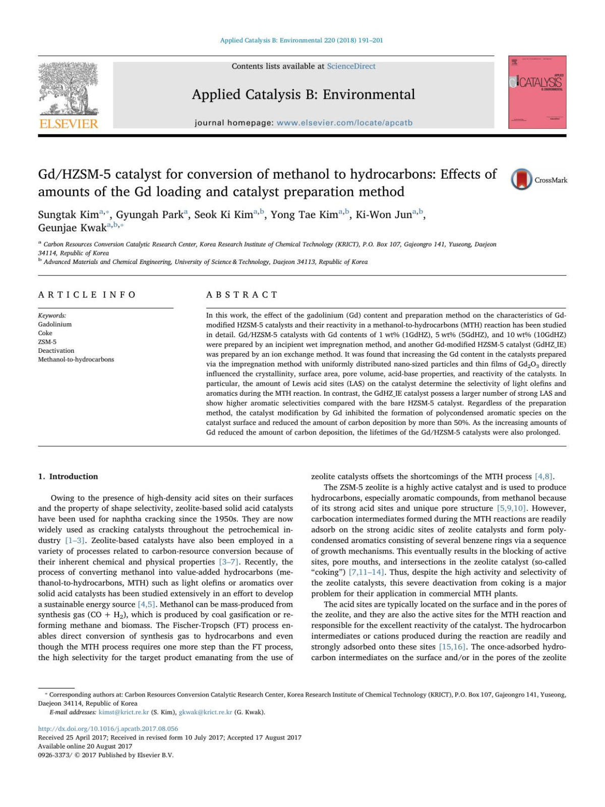 Gdhzsm5 Catalyst For Conversion Of Methanol To Hydrocarbons Effects Of Amounts Of The Gd Loading And Catalyst Preparation Method Sungtak Kim Gyungah Park Seok Ki Kim Yong Tae Kim Kiwon Jun Geunjae Kwak