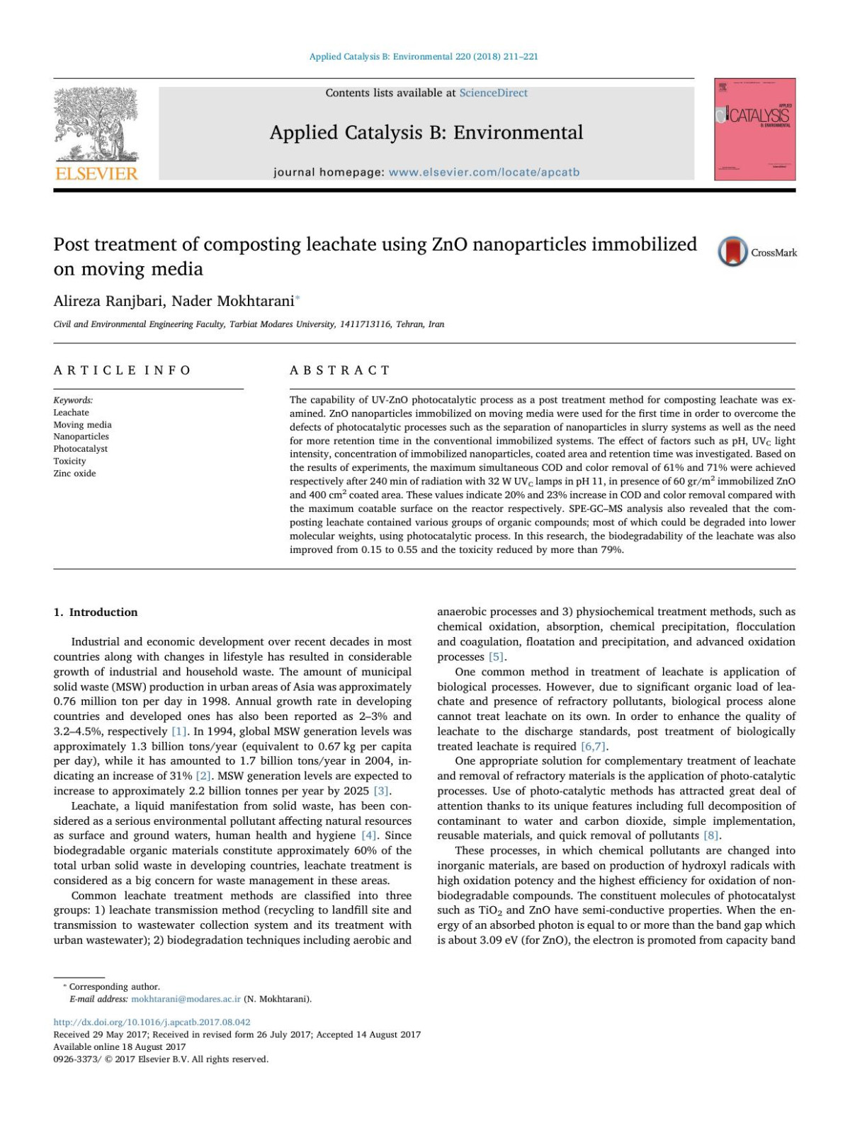 Post Treatment Of Composting Leachate Using Zno Nanoparticles Immobilized On Moving Media Alireza Ranjbari Nader Mokhtarani