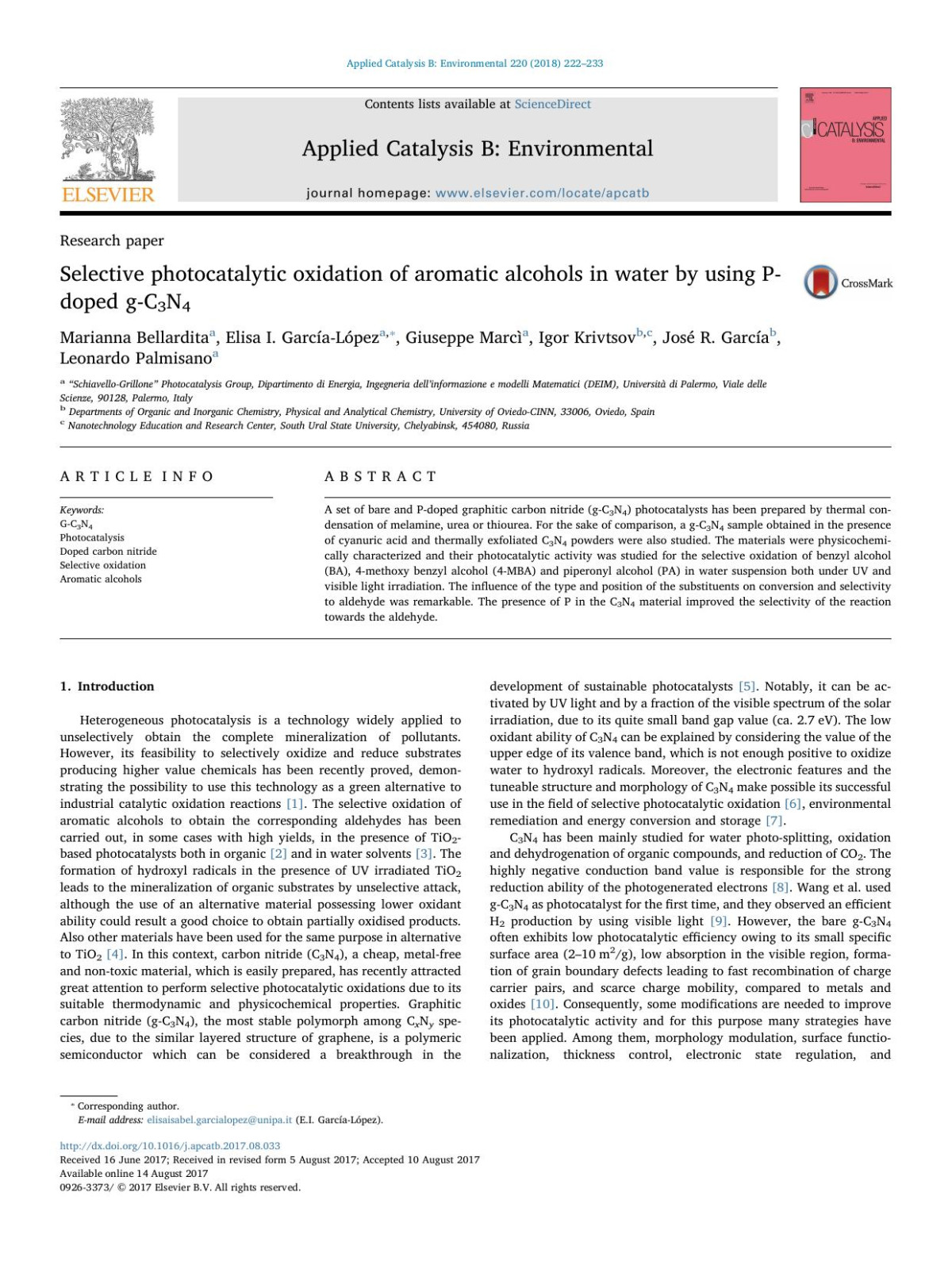 Selective Photocatalytic Oxidation Of Aromatic Alcohols In Water By Using Pdoped Gc3n4 Marianna Bellardita Elisa I Garcalpez Giuseppe Marc Igor Krivtsov Jos R Garca Leonardo Palmisano