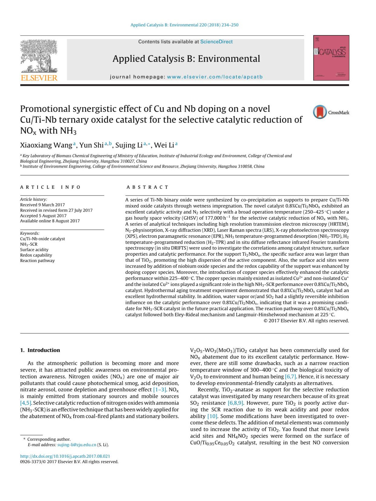 Promotional Synergistic Effect Of Cu And Nb Doping On A Novel Cutinb Ternary Oxide Catalyst For The Selective Catalytic Reduction Of Nox With Nh3 Xiaoxiang Wang Yun Shi Sujing Li Wei Li