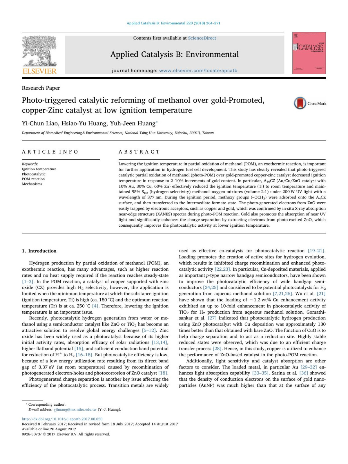 Phototriggered Catalytic Reforming Of Methanol Over Goldpromoted Copperzinc Catalyst At Low Ignition Temperature Yichun Liao Hsiaoyu Huang Yuhjeen Huang