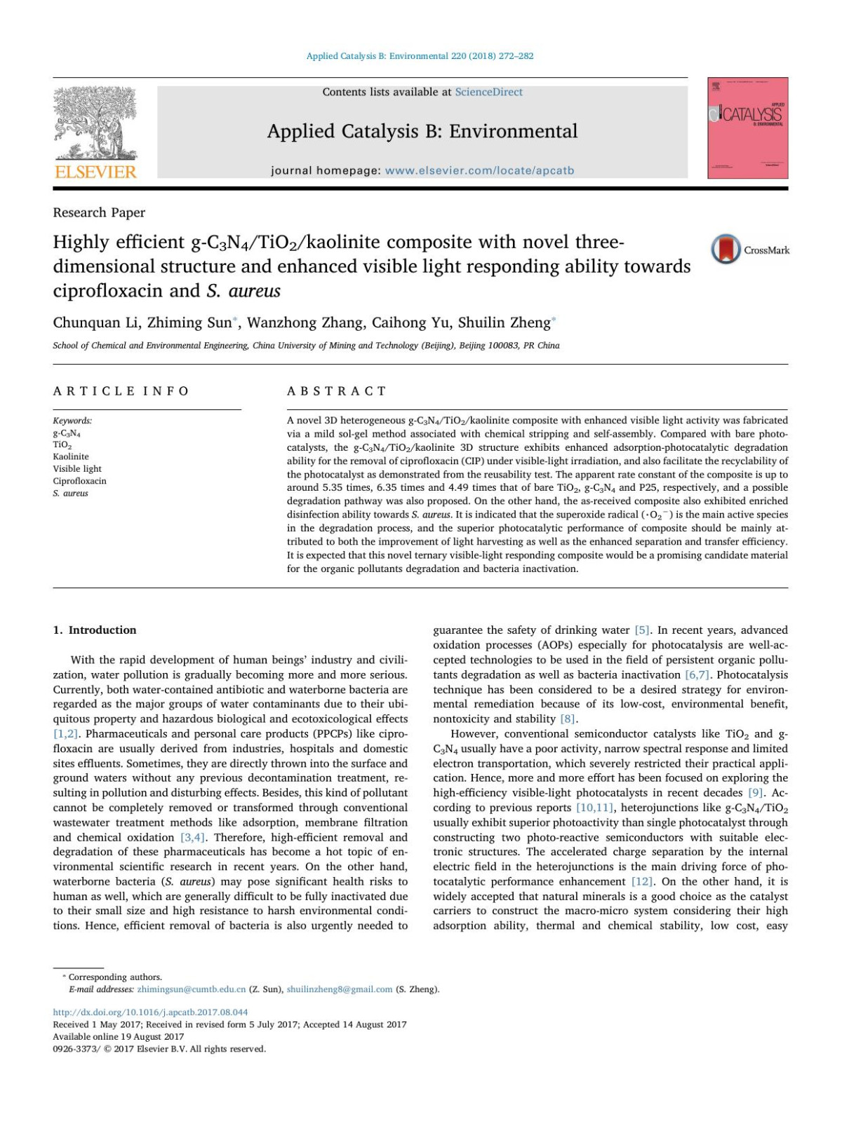 Highly Efficient Gc3n4tio2kaolinite Composite With Novel Threedimensional Structure And Enhanced Visible Light Responding Ability Towards Ciprofloxacin And S Aureus Chunquan Li Zhiming Sun Wanzhong Zhang Caihong Yu Shuilin Zheng