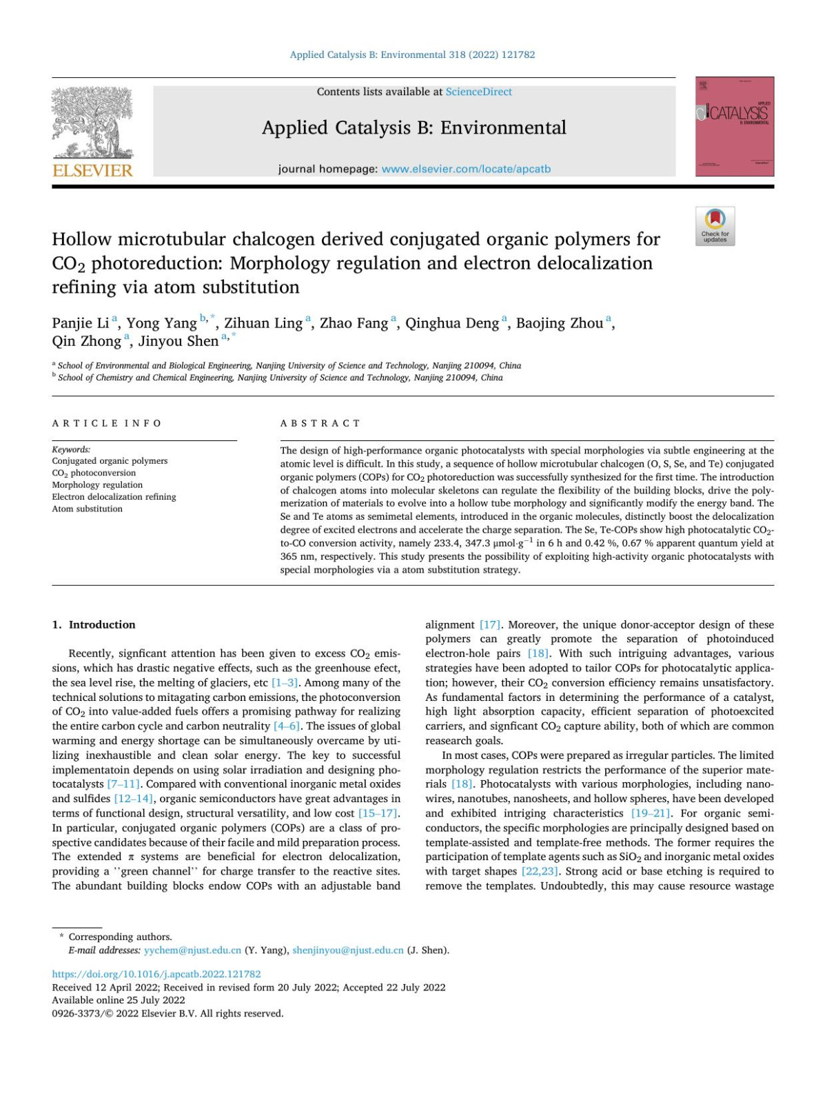 Hollow Microtubular Chalcogen Derived Conjugated Organic Polymers For Co2 Photoreduction Morphology Regulation And Electron Delocalization Refining Via Atom Substitution Panjie Li