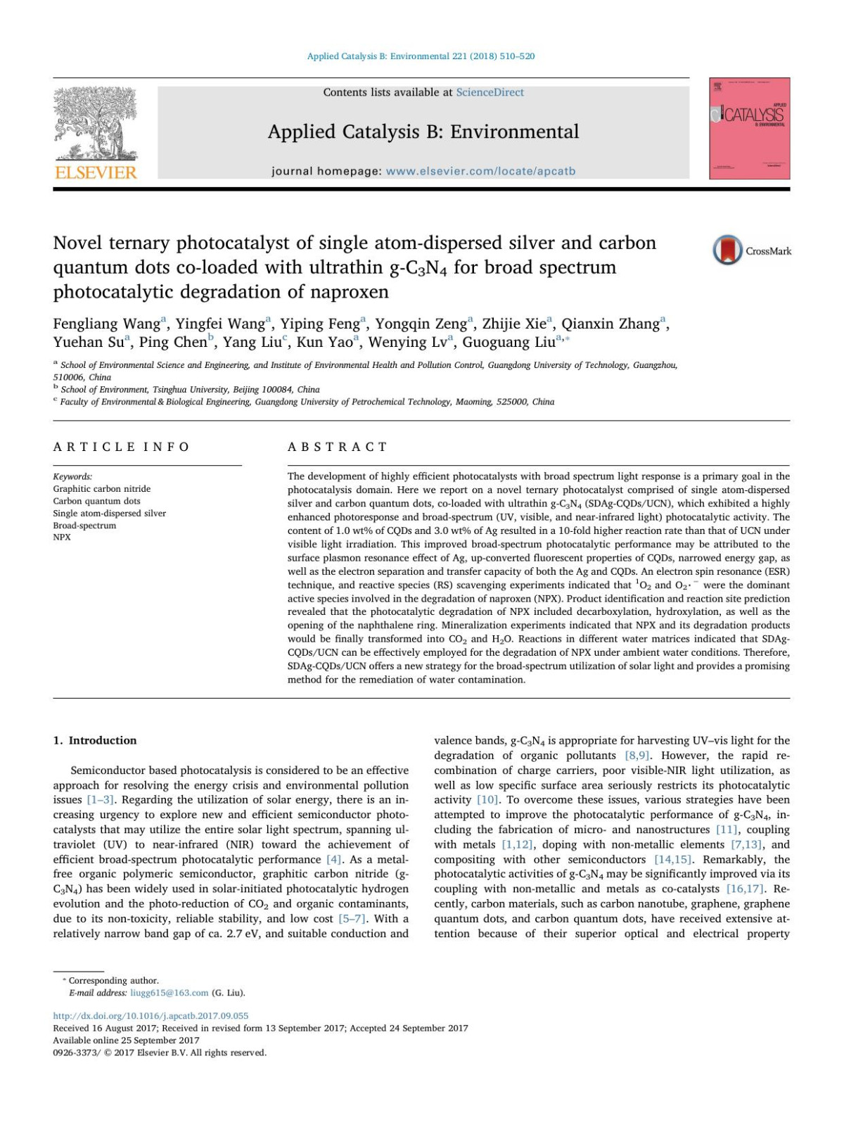 Novel Ternary Photocatalyst Of Single Atomdispersed Silver And Carbon Quantum Dots Coloaded With Ultrathin Gc3n4 For Broad Spectrum Photocatalytic Degradation Of Naproxen Fengliang Wang Yingfei Wang Yiping Feng Yongqin Zeng Zhijie Xie Qianxin Zhang Yuehan Su Ping Chen Yang Liu Kun Yao Wenying Lv Guoguang Liu