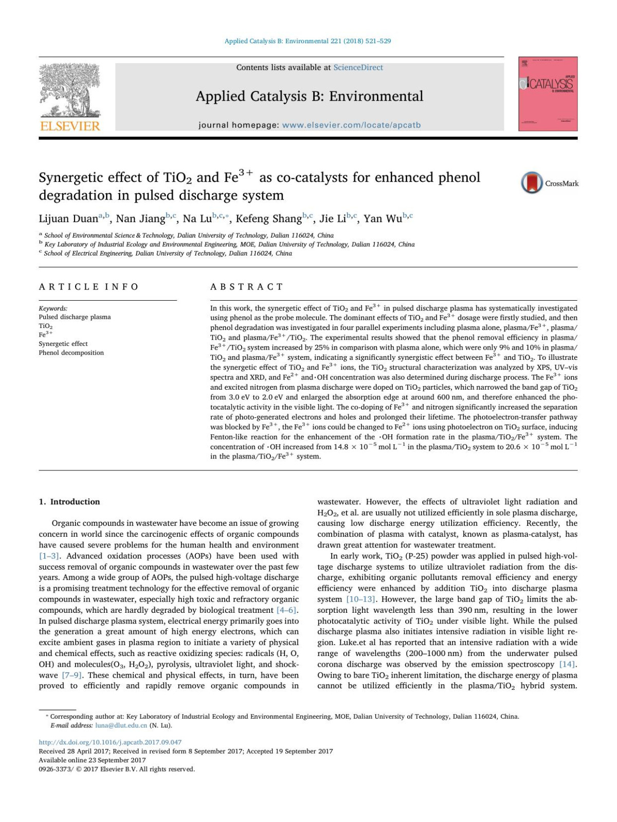 Synergetic Effect Of Tio2 And Fe3 As Cocatalysts For Enhanced Phenol Degradation In Pulsed Discharge System Lijuan Duan Nan Jiang Na Lu Kefeng Shang Jie Li Yan Wu