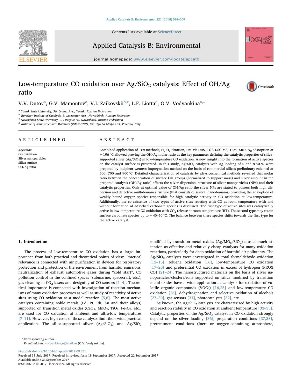 Lowtemperature Co Oxidation Over Agsio2 Catalysts Effect Of Ohag Ratio Vv Dutov Gv Mamontov Vi Zaikovskii Lf Liotta Ov Vodyankina