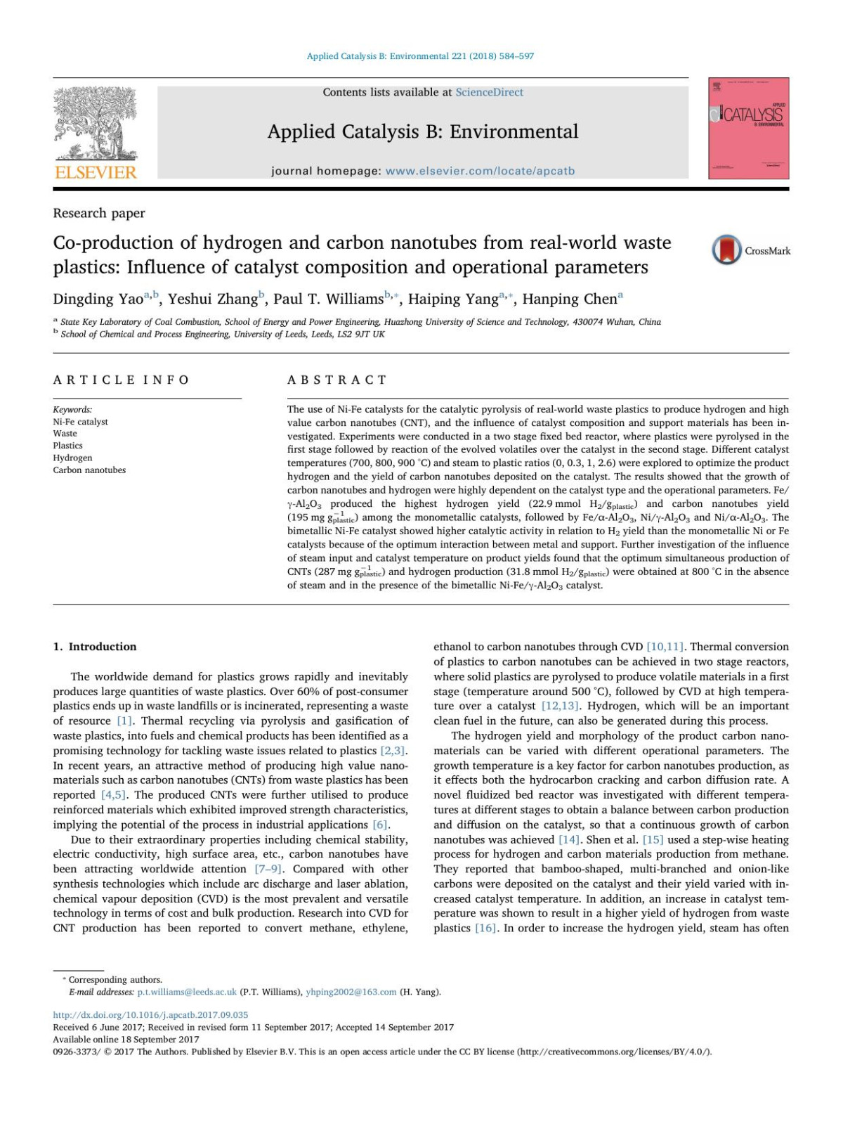 Coproduction Of Hydrogen And Carbon Nanotubes From Realworld Waste Plastics Influence Of Catalyst Composition And Operational Parameters Dingding Yao Yeshui Zhang Paul T Williams Haiping Yang Hanping Chen