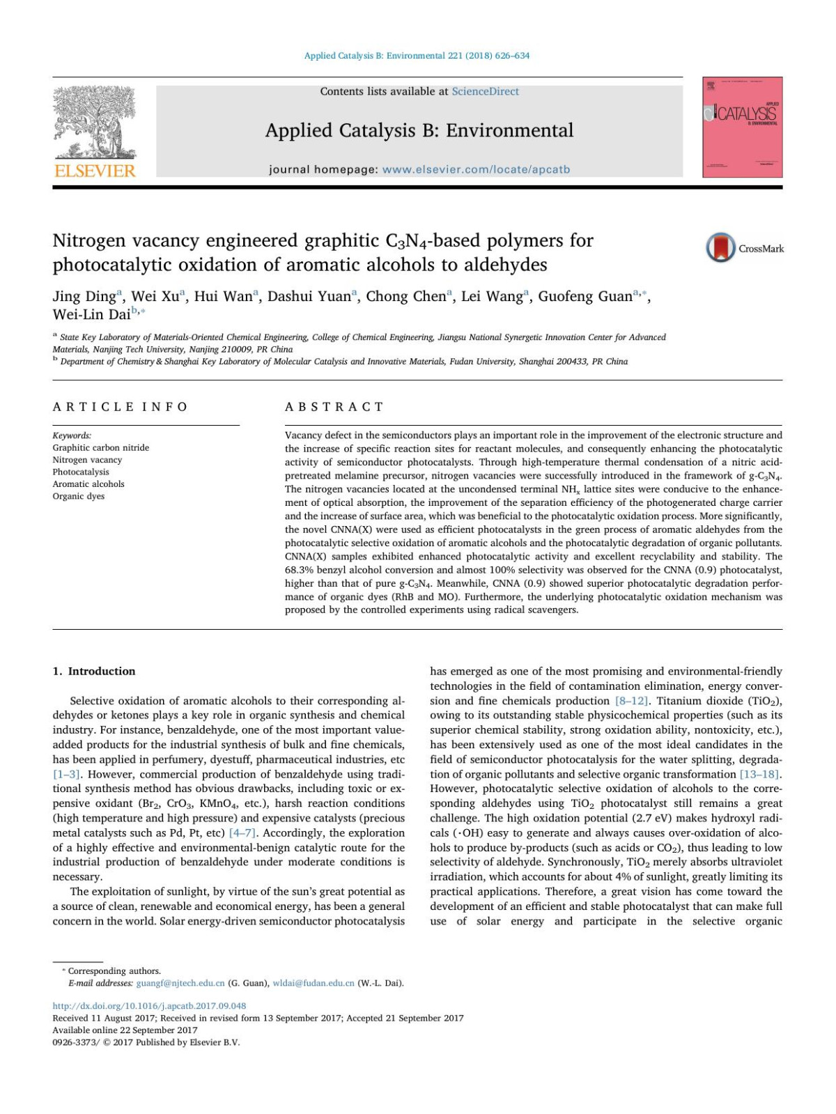 Nitrogen Vacancy Engineered Graphitic C3n4based Polymers For Photocatalytic Oxidation Of Aromatic Alcohols To Aldehydes Jing Ding Wei Xu Hui Wan Dashui Yuan Chong Chen Lei Wang Guofeng Guan Weilin Dai