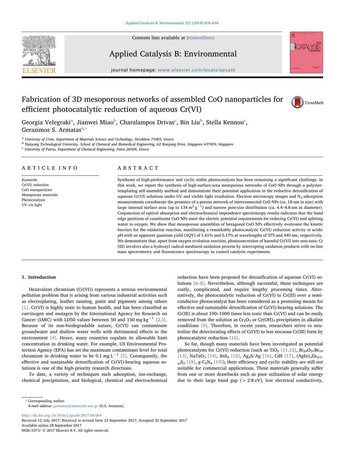 Fabrication Of 3d Mesoporous Networks Of Assembled Coo Nanoparticles For Efficient Photocatalytic Reduction Of Aqueous Crvi Georgia Velegraki Jianwei Miao Charalampos Drivas Bin Liu Stella Kennou Gerasimos S Armatas